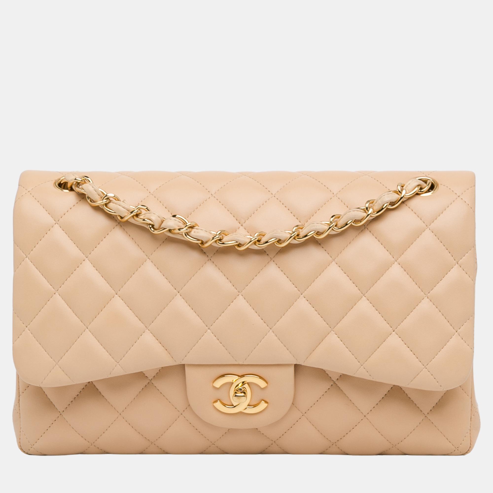 

Chanel Beige Jumbo Classic Lambskin Double Flap