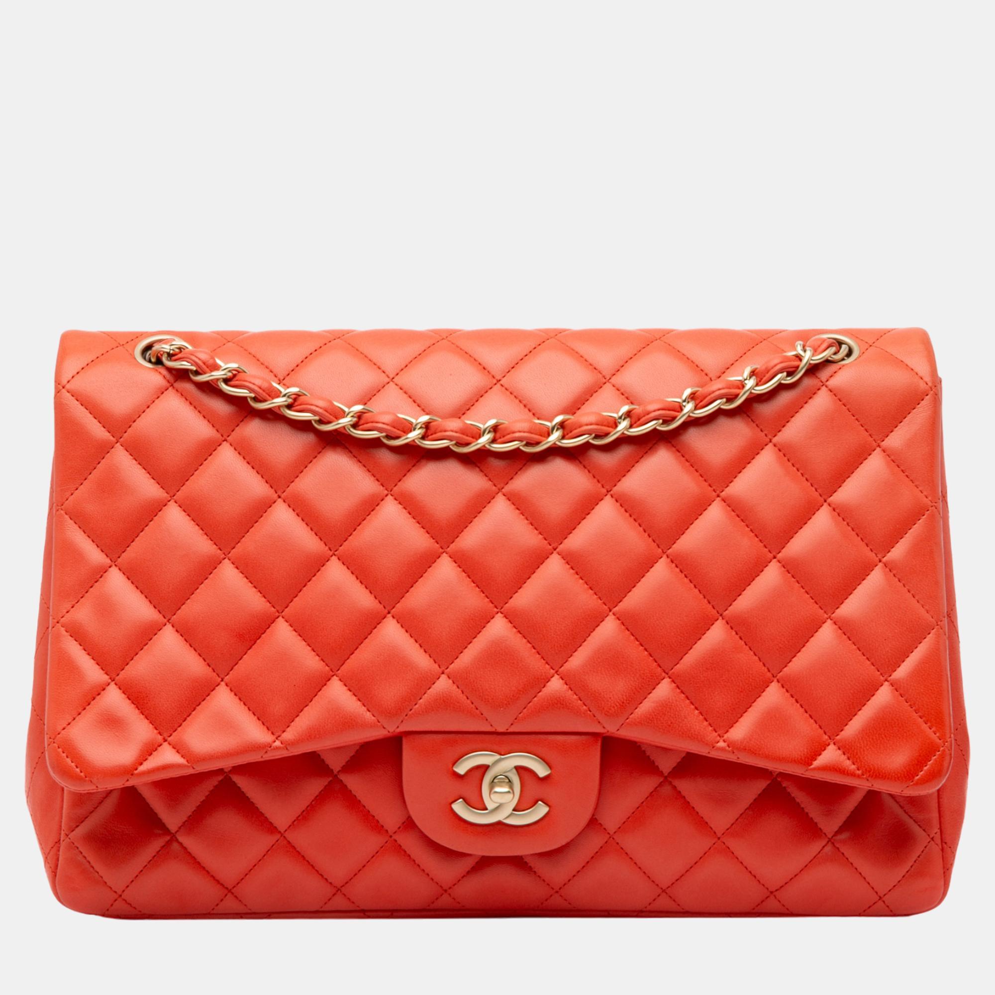 

Chanel Orange Maxi Classic Lambskin Single Flap Bag