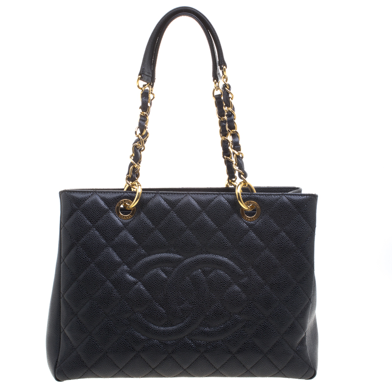 Pre Owned Chane Black Quilted Caviar Leather Grand Shopping Tote