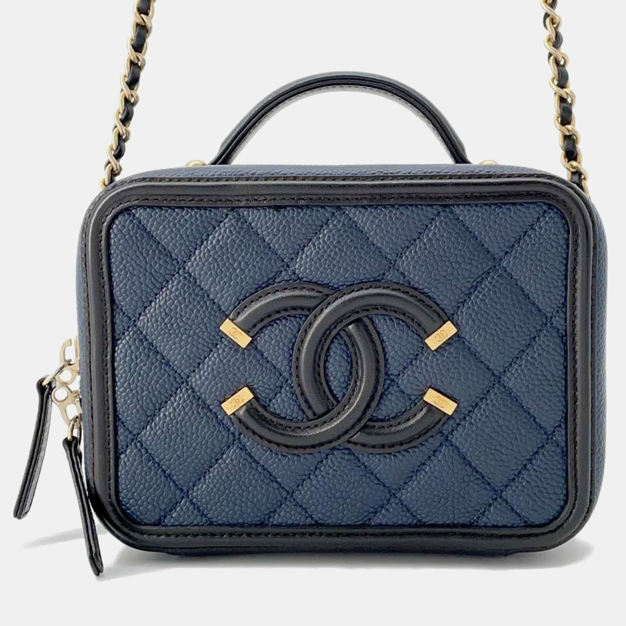 

Chanel Blue Leather Small Filigree Vanity Case Shoulder Bag