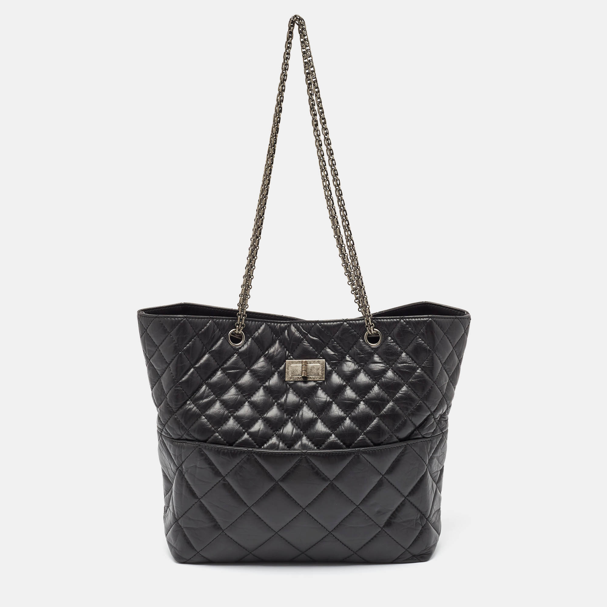 

Chanel Black Quilted Aged Leather Reissue East West Tote