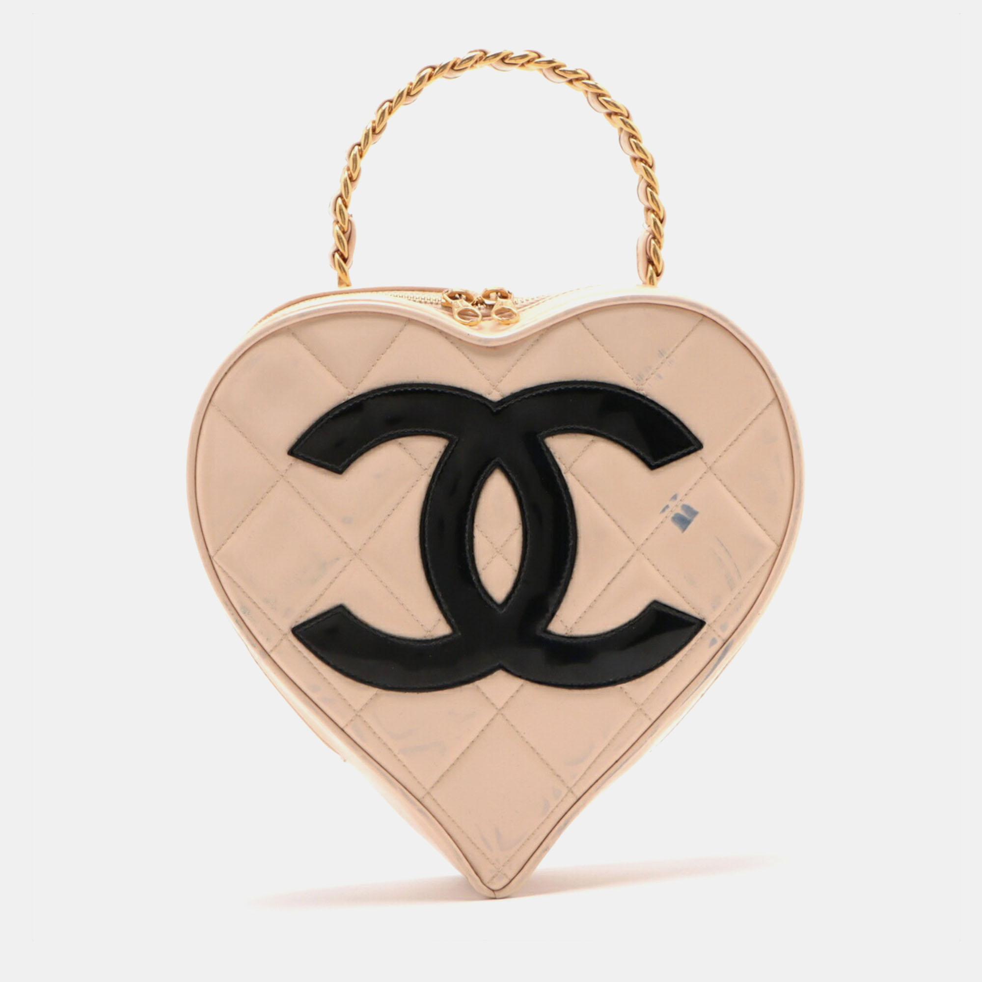 

Chanel Beige/Black Leather Diamond Quilted CC Heart Vanity Top Handle Bag