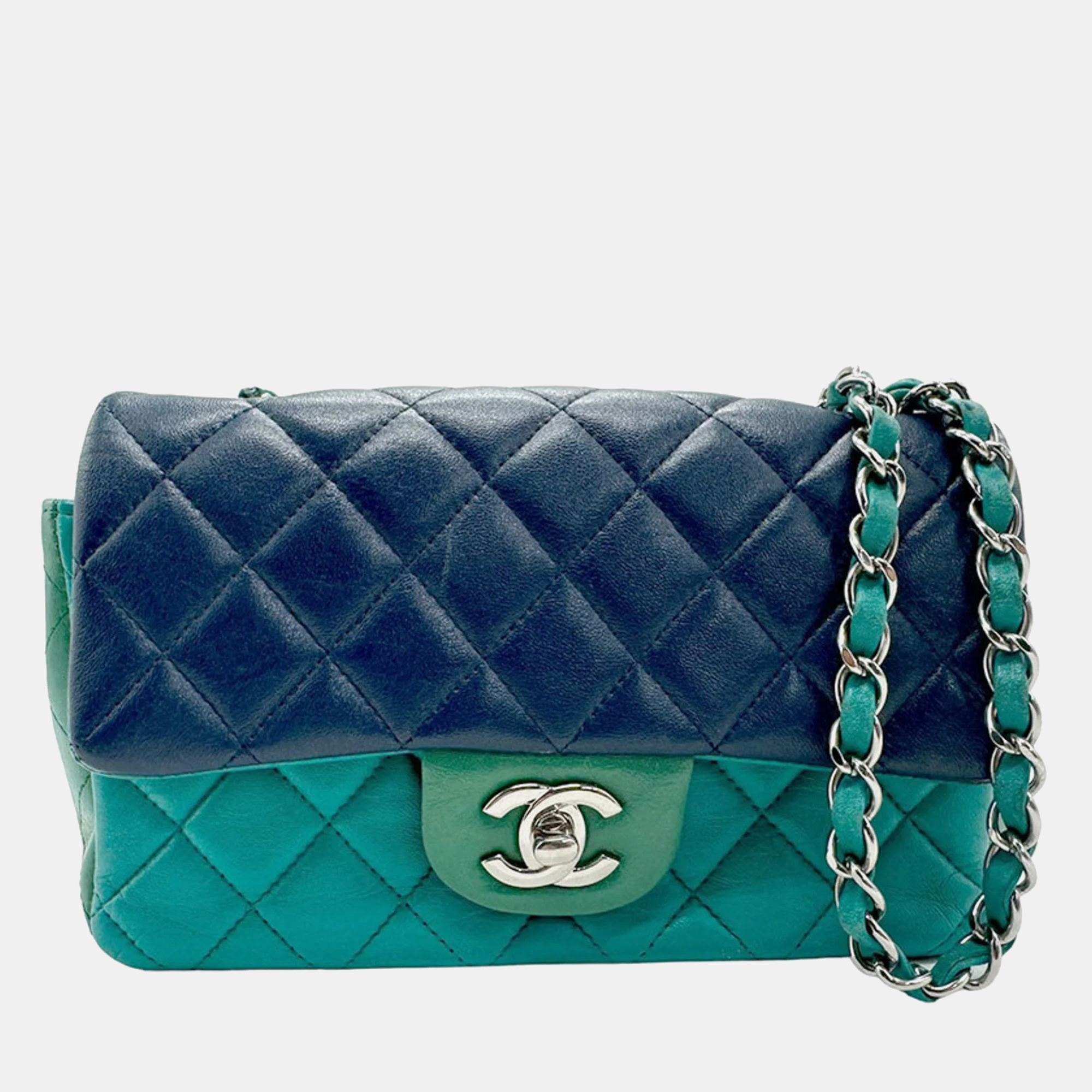 

Chanel Navy Blue/Green Leather Rectangular Flap Bag