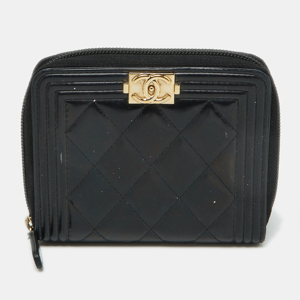 

Chanel Black Quilted Patent Leather Boy Zip Around Wallet