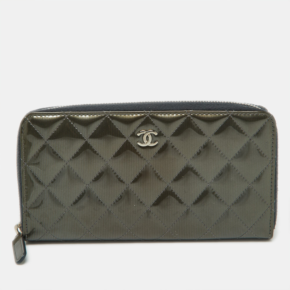 

Chanel Olive Green Quilted Patent Leather Classic Zip Around Wallet