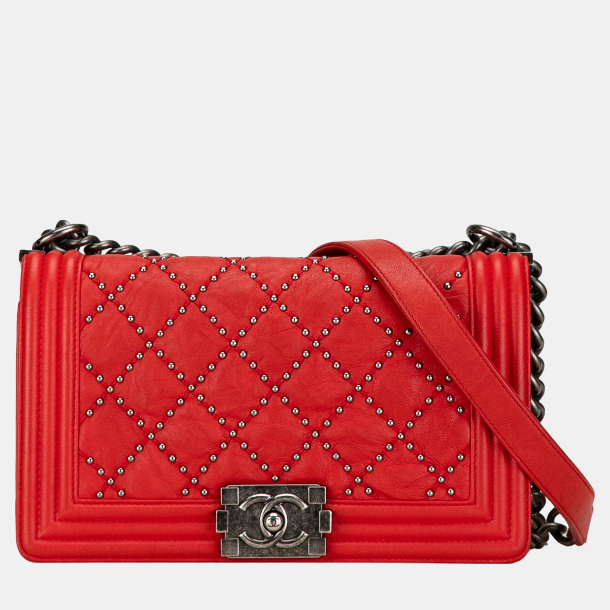 

Chanel Red Medium Studded Crumpled Calfskin Boy Flap