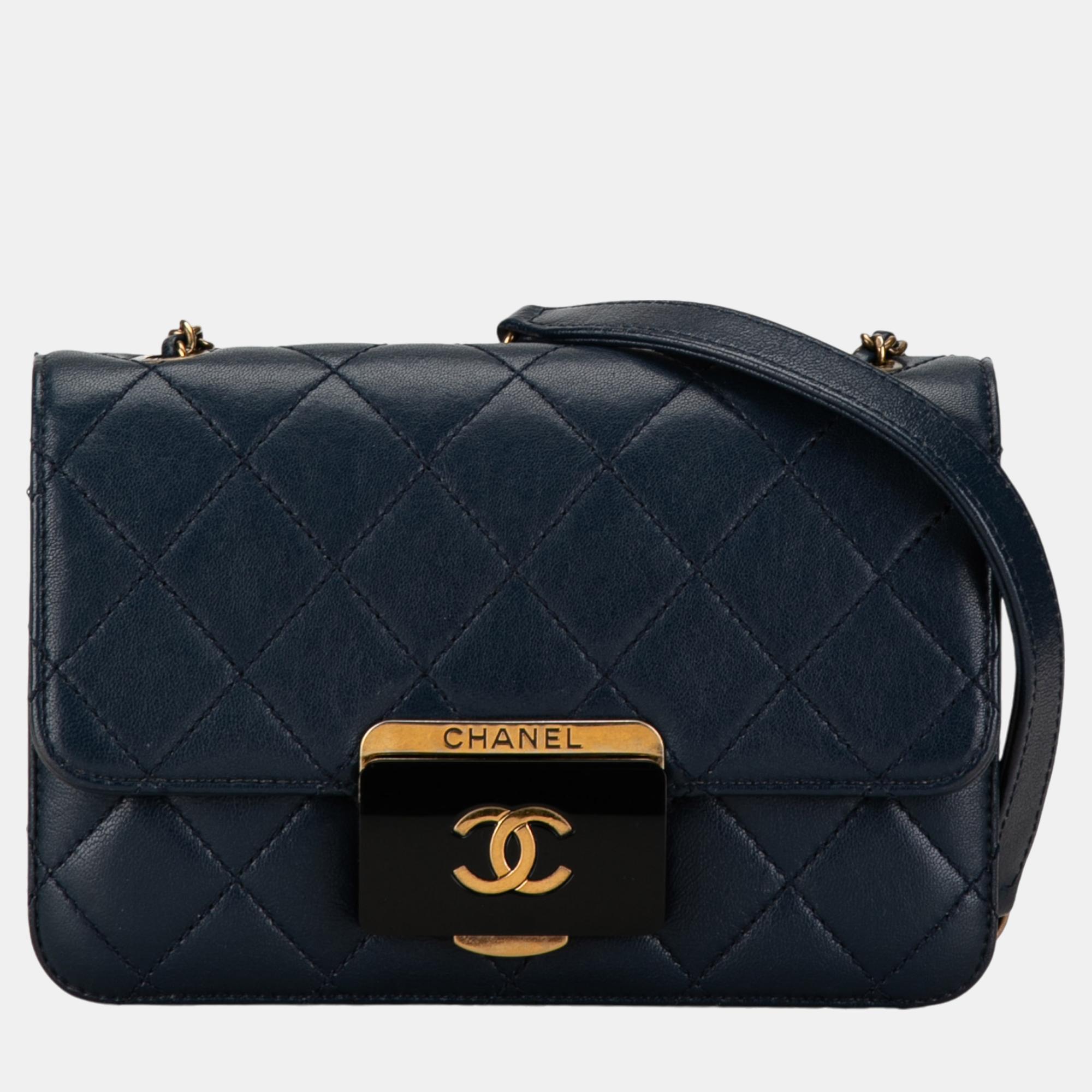 

Chanel Navy Blue Mini Lambskin Beauty Lock Flap