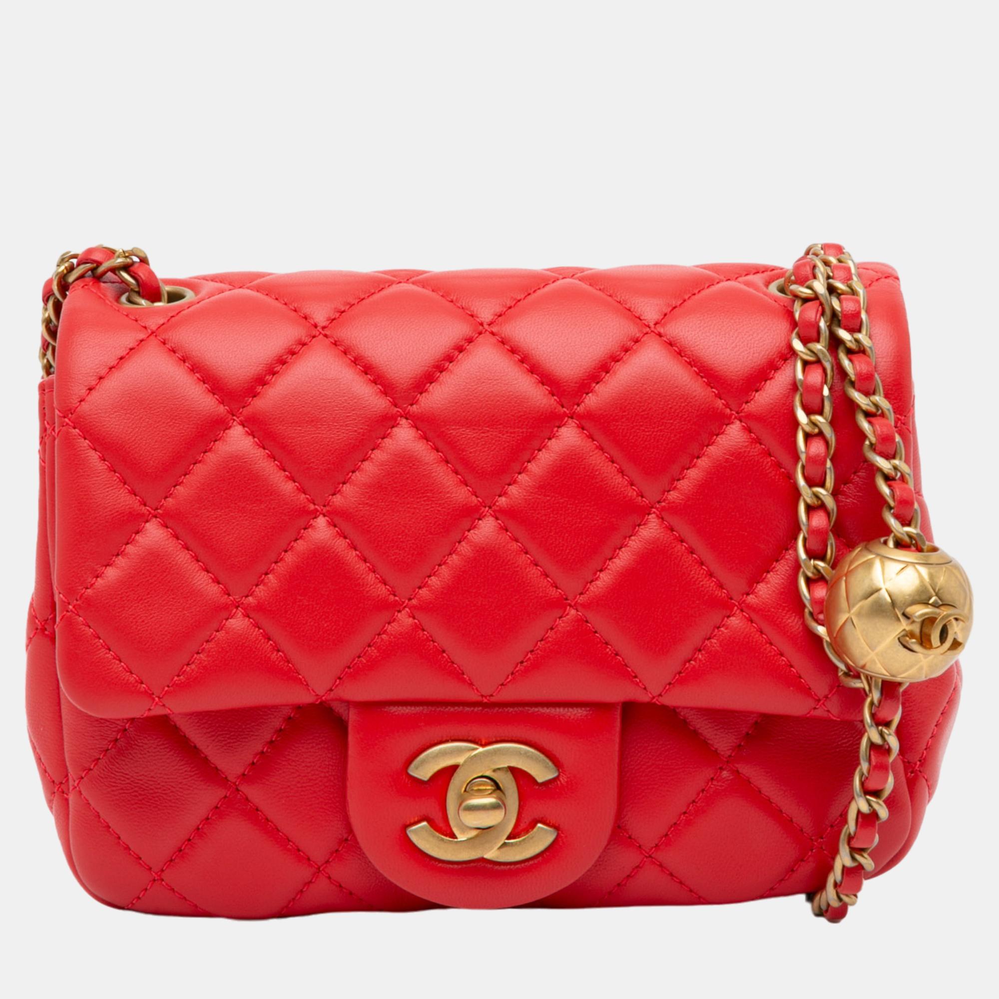 

Chanel Red Mini Square Classic Lambskin Pearl Crush Flap