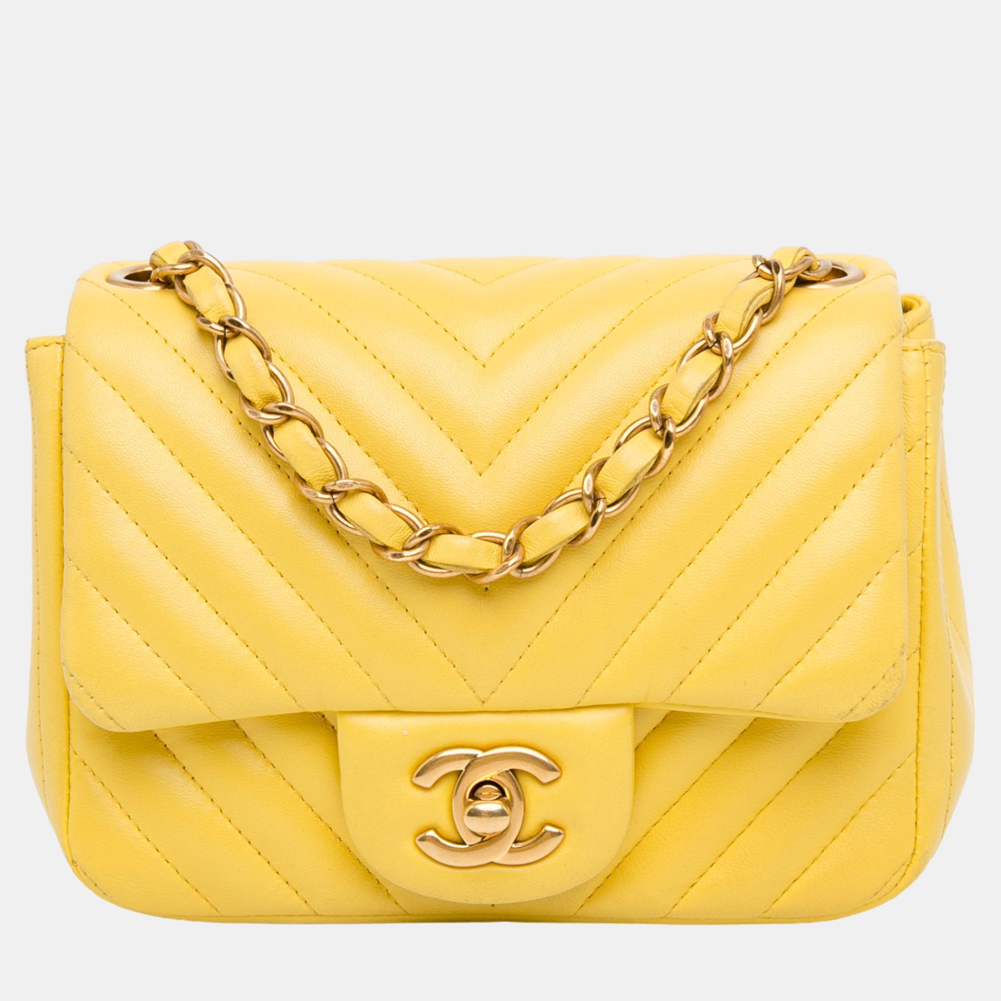 

Chanel Yellow Mini Square Classic Lambskin Chevron Single Flap