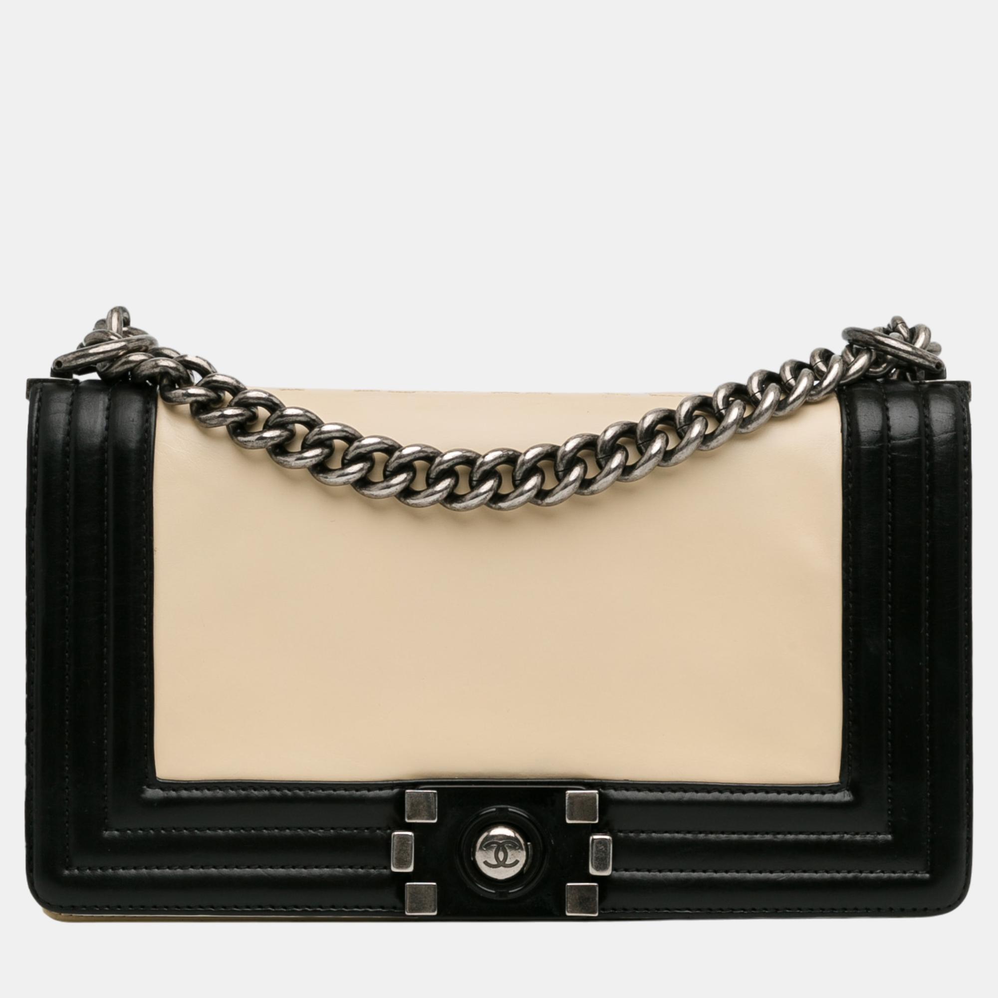 

Chanel Beige/Black Medium Bicolor Calfskin Boy Flap