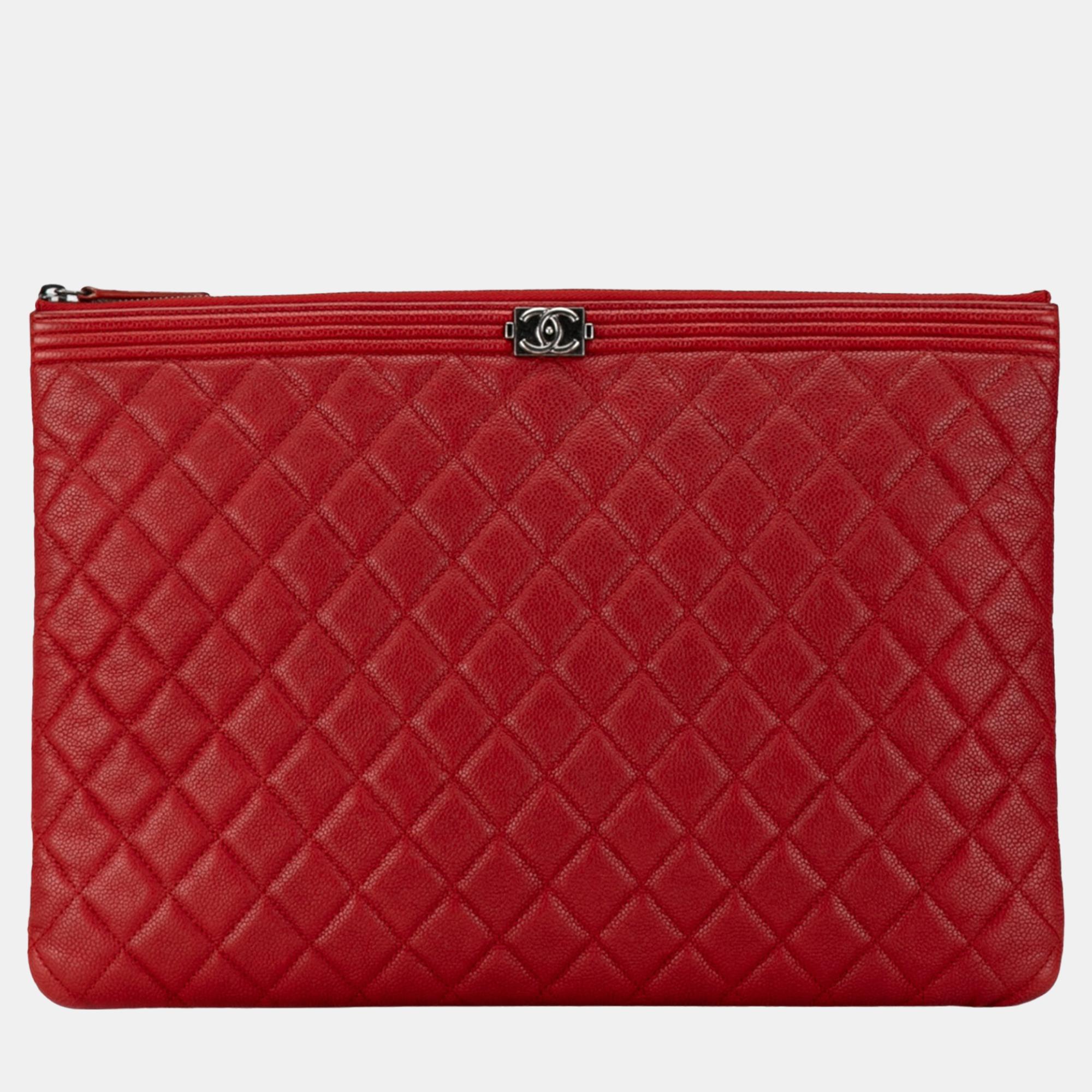 

Chanel Red Large Quilted Caviar Boy O Case Clutch