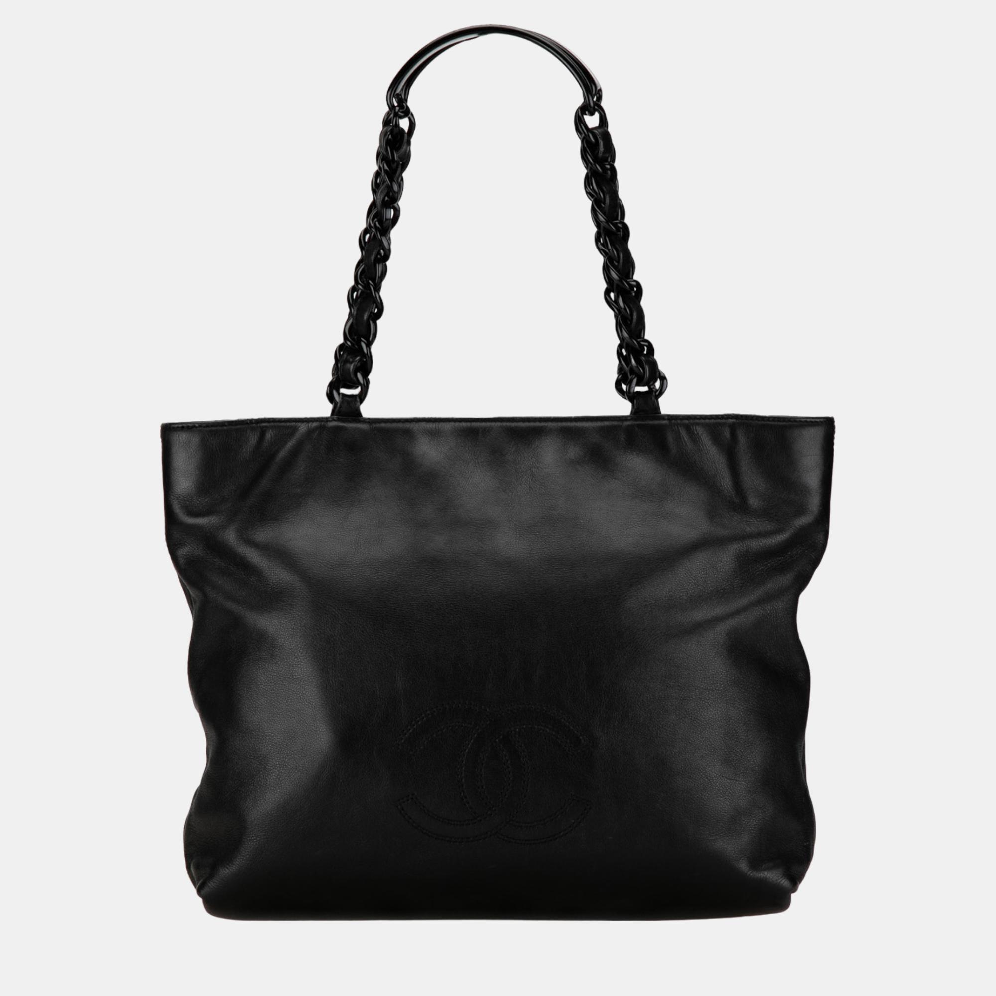 Pre-owned Chanel Black Cc Lambskin Chain Tote