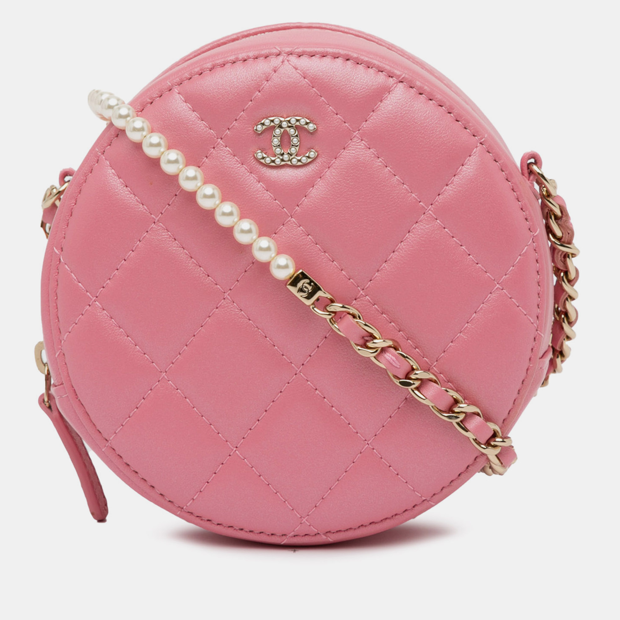 

Chanel Quilted Lambskin Round Pearl Clutch with Chain, Pink