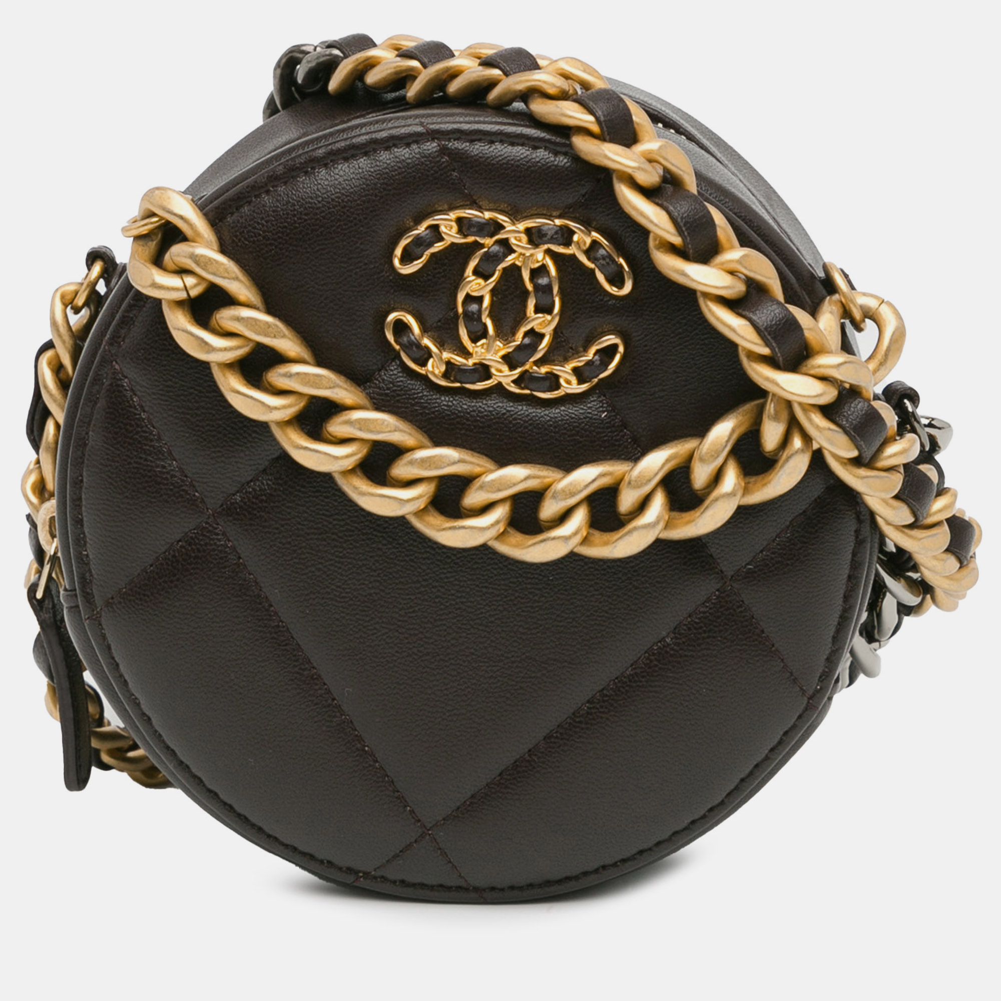 Pre-owned Chanel Lambskin 19 Round Clutch With Chain In Black