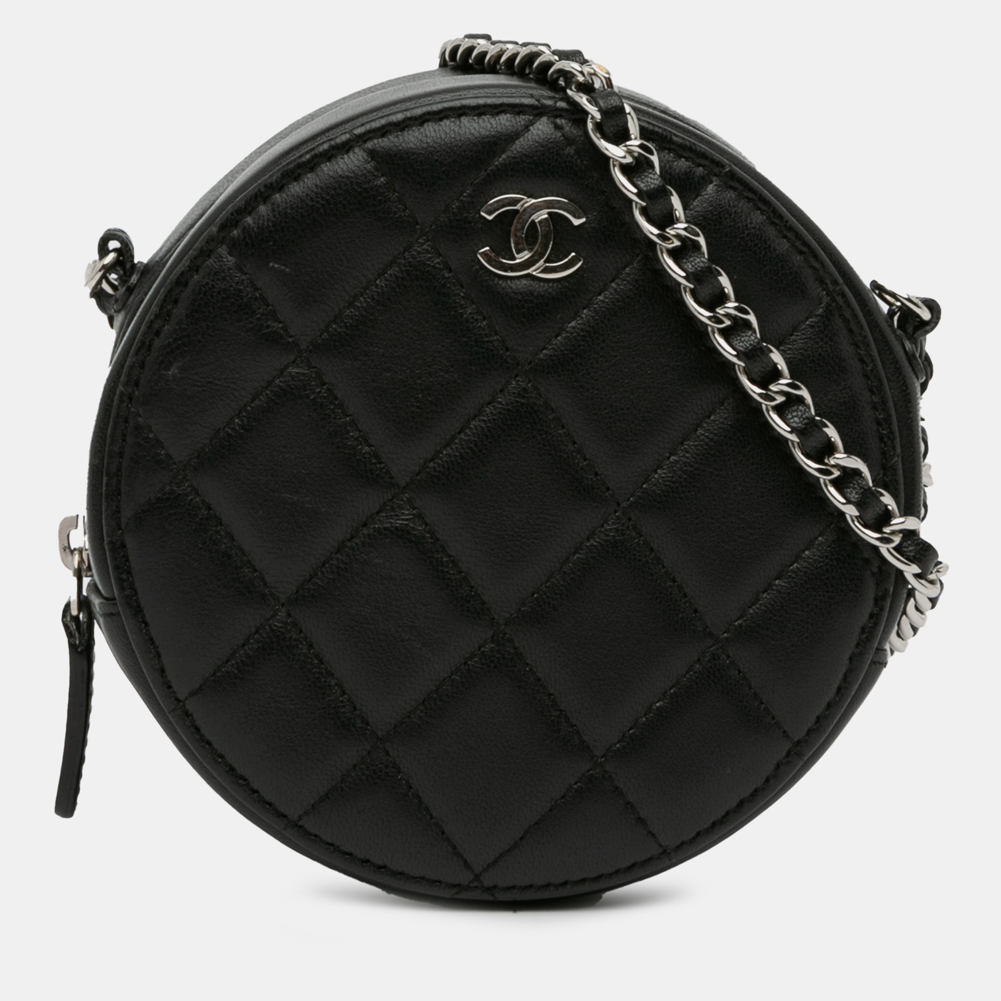 

Chanel CC Quilted Lambskin Round Clutch with Chain, Black