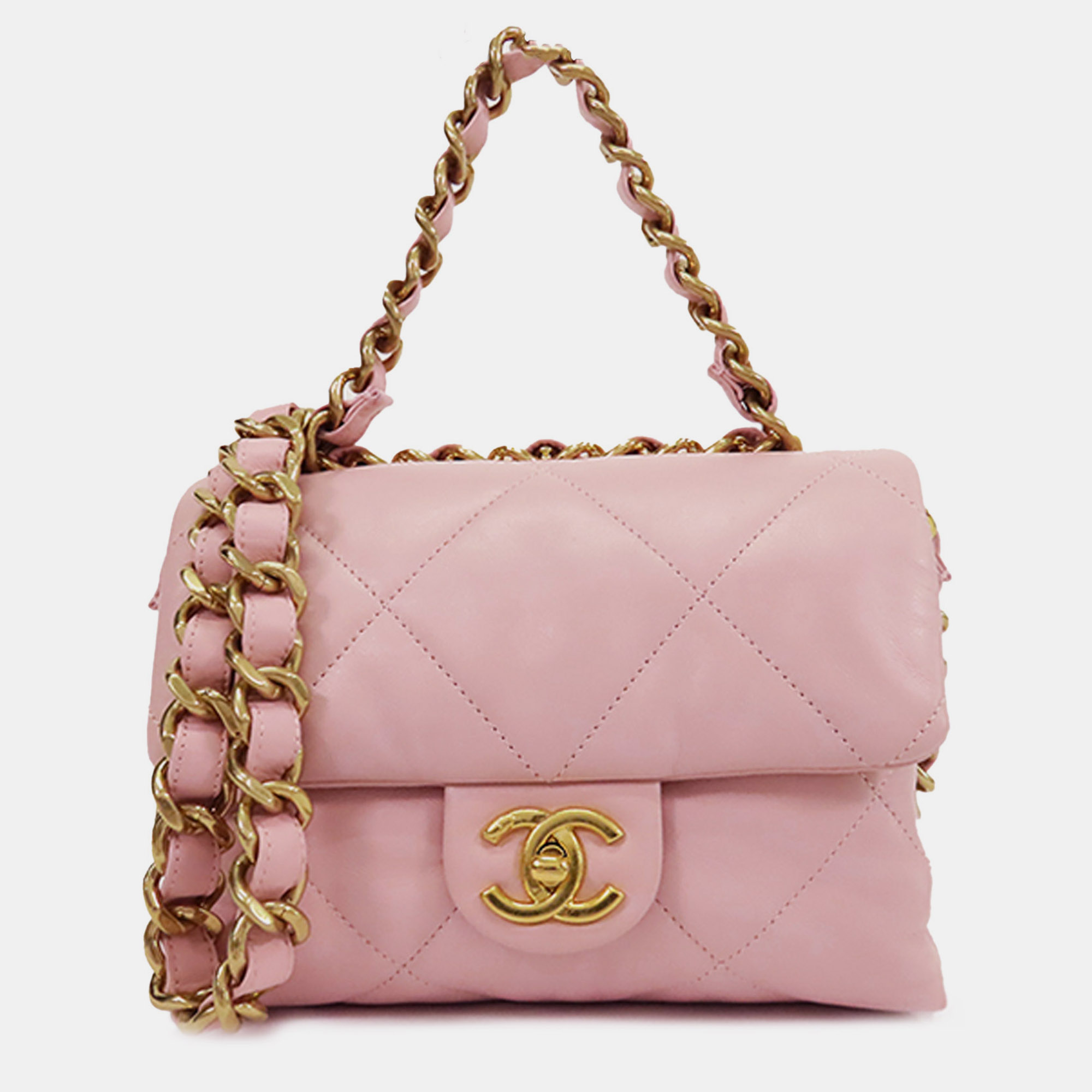 

Chanel Quilted Lambskin Chain Top Handle Flap Bag, Pink