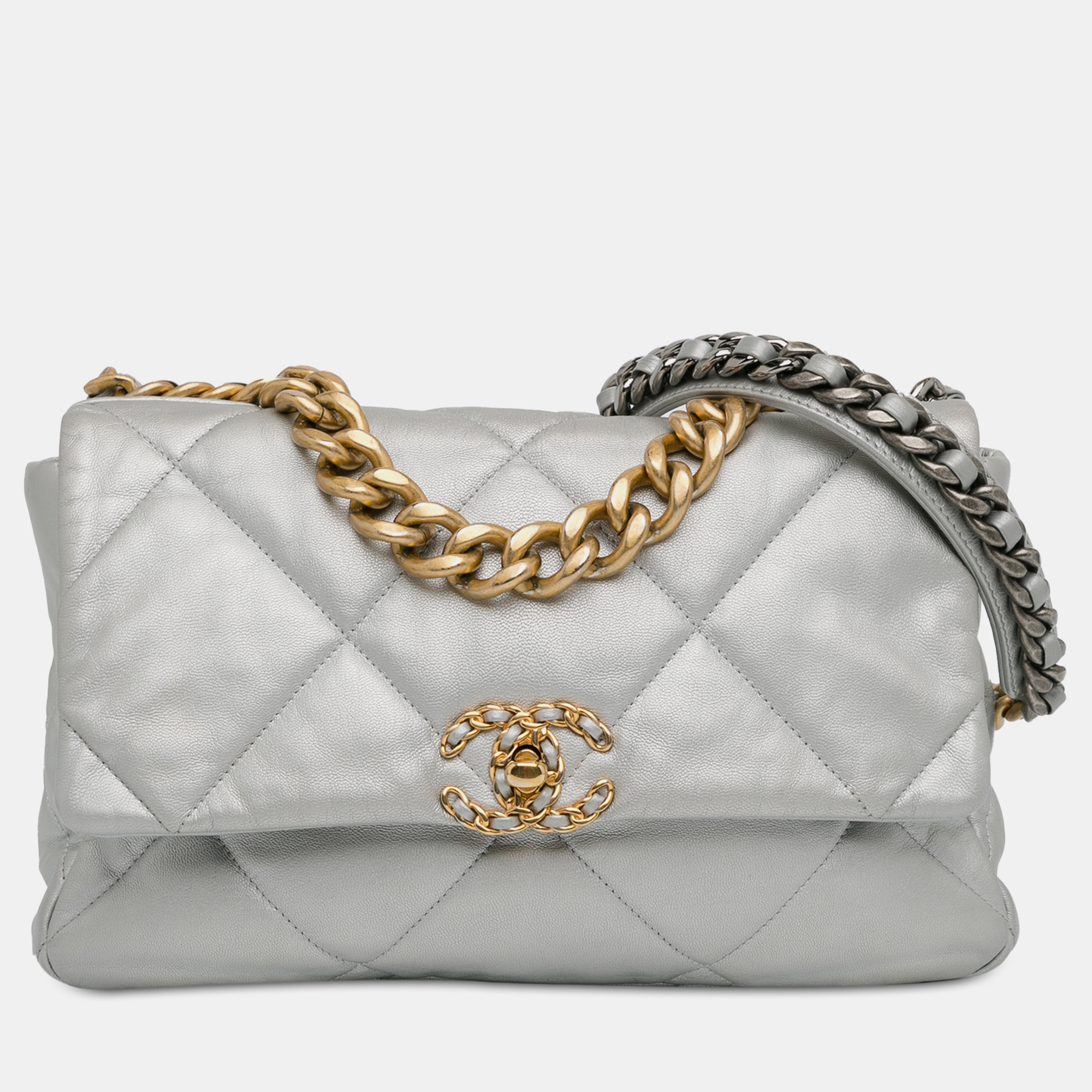 

Chanel Large Metallic Lambskin 19 Flap Bag, Silver