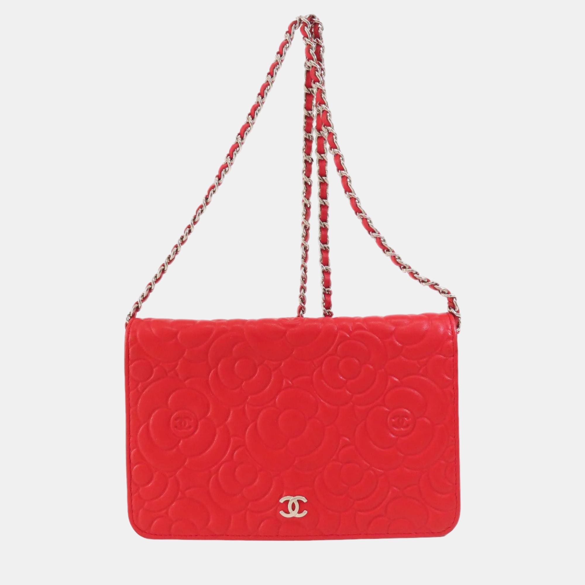 

Chanel Red Camellia Leather Embossed Wallet On Chain