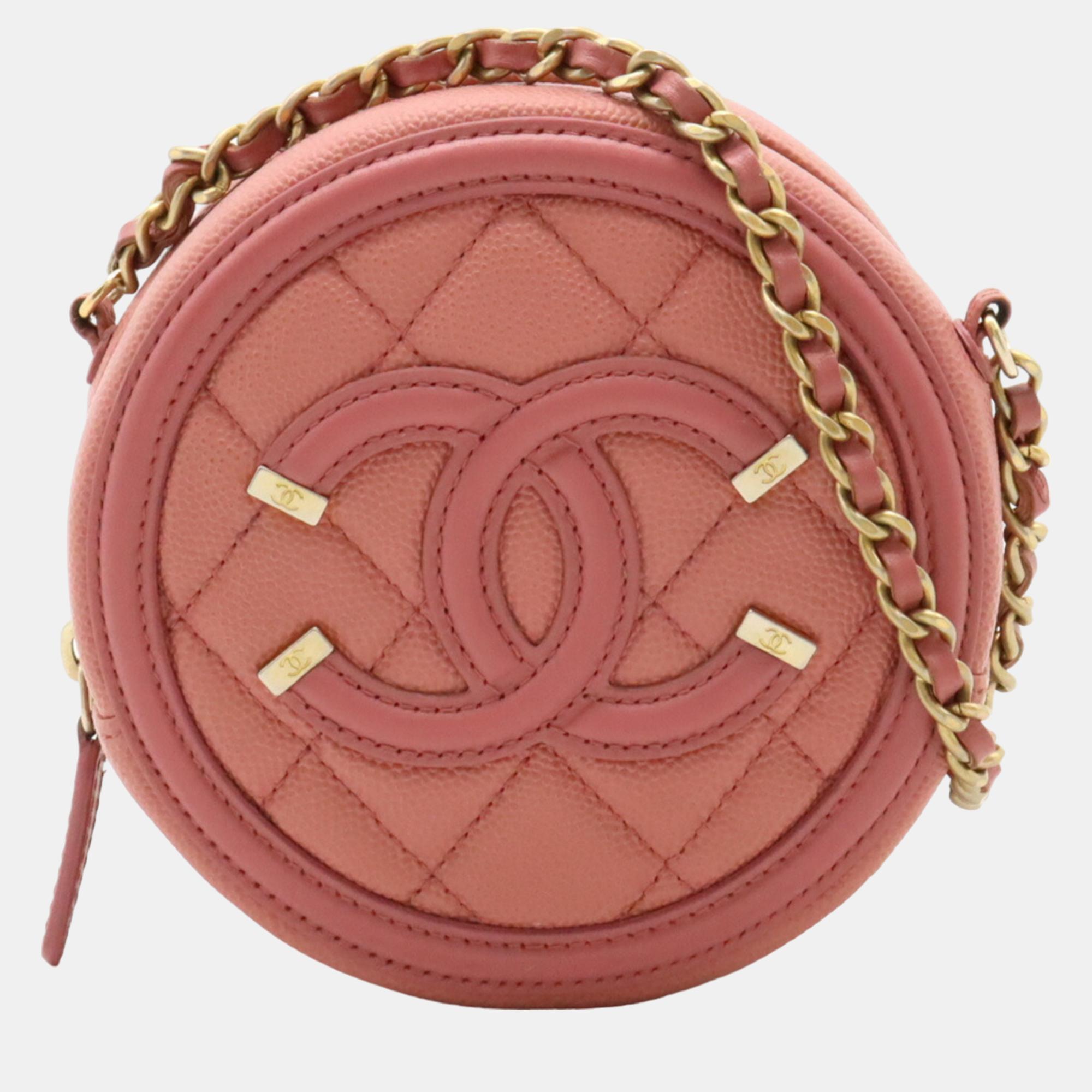 

Chanel Pink Quilted Caviar Leather Mini Filigree Round Clutch with Chain