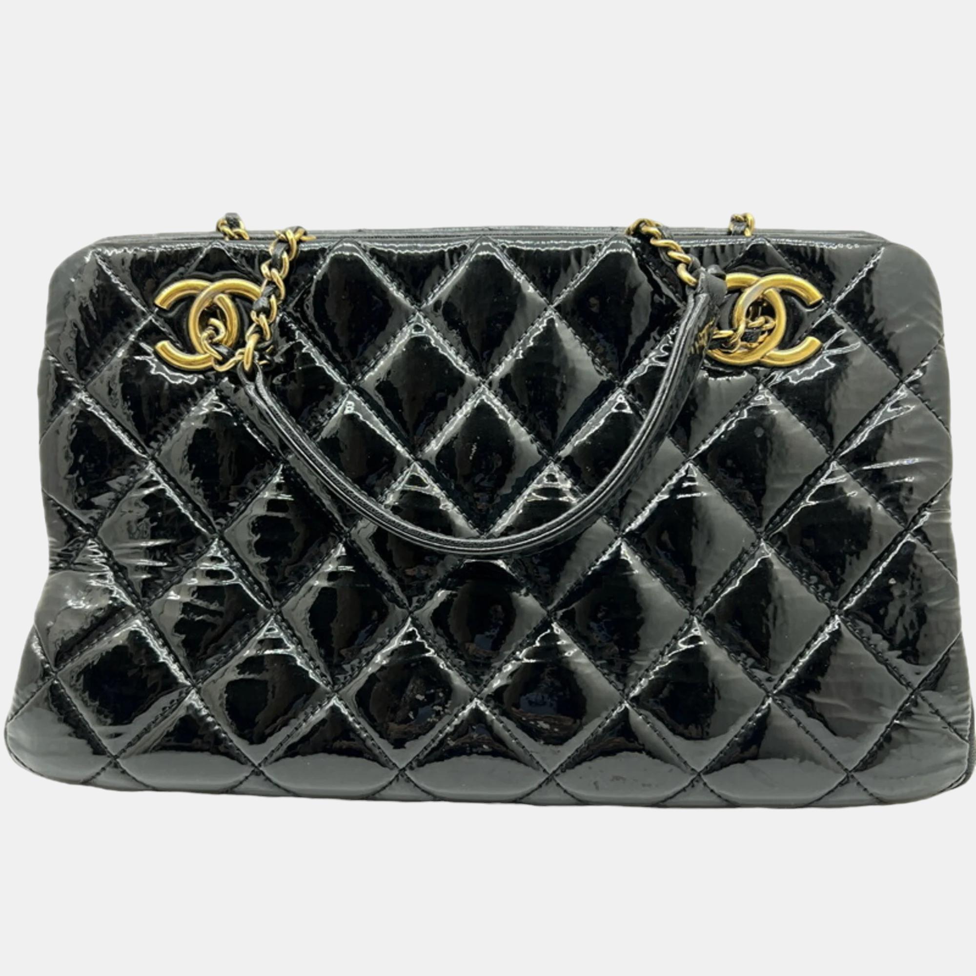 

Chanel Black Patent Goatskin Quilted Small CC Eyelet Tote Bag