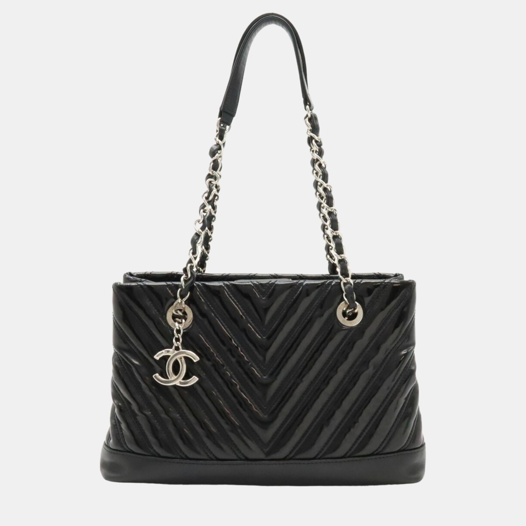 

Chanel Black Patent Chevron Small Shopping Tote Bag