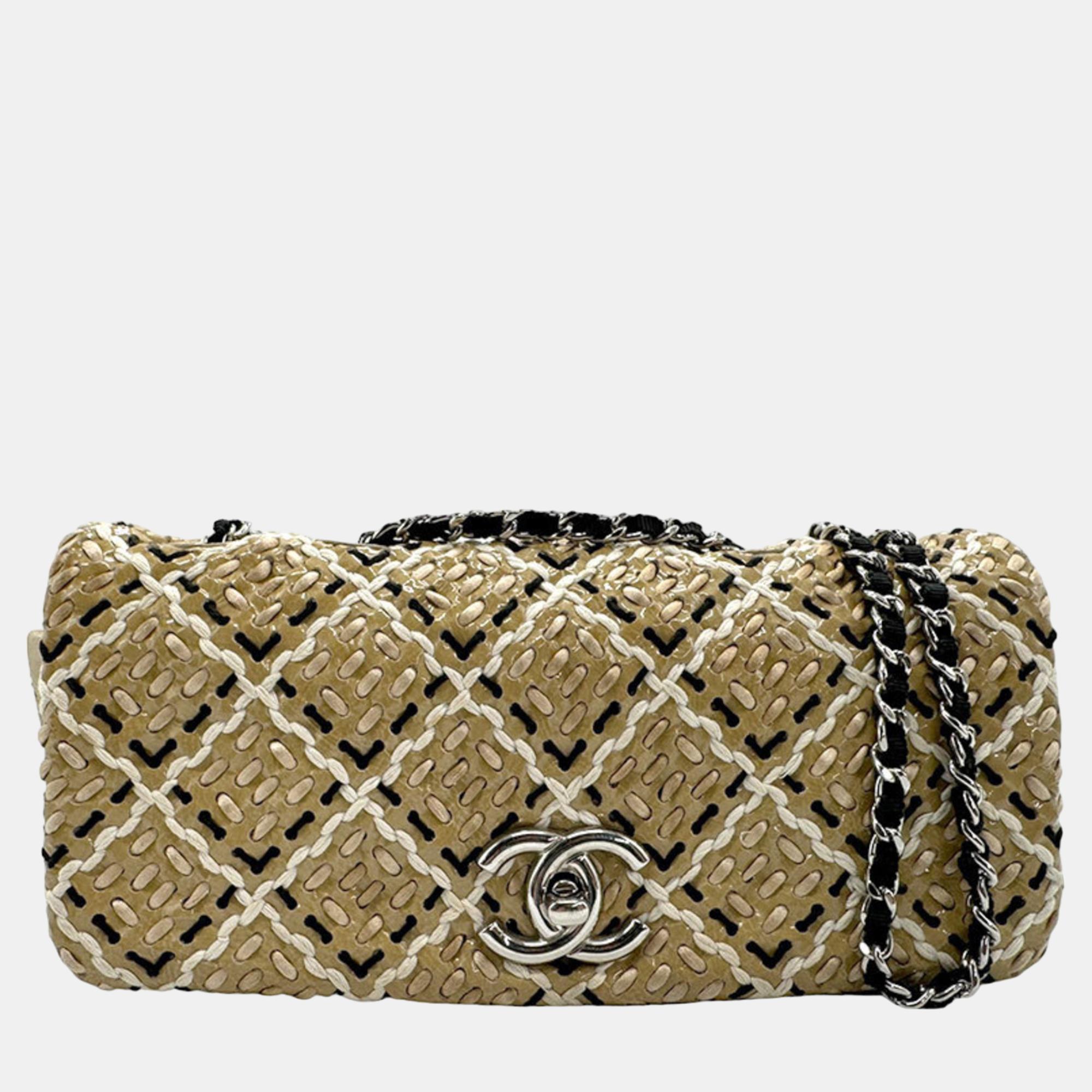 

Chanel White/Black/Beige Patent Leather Perforated Woven Flap Bag