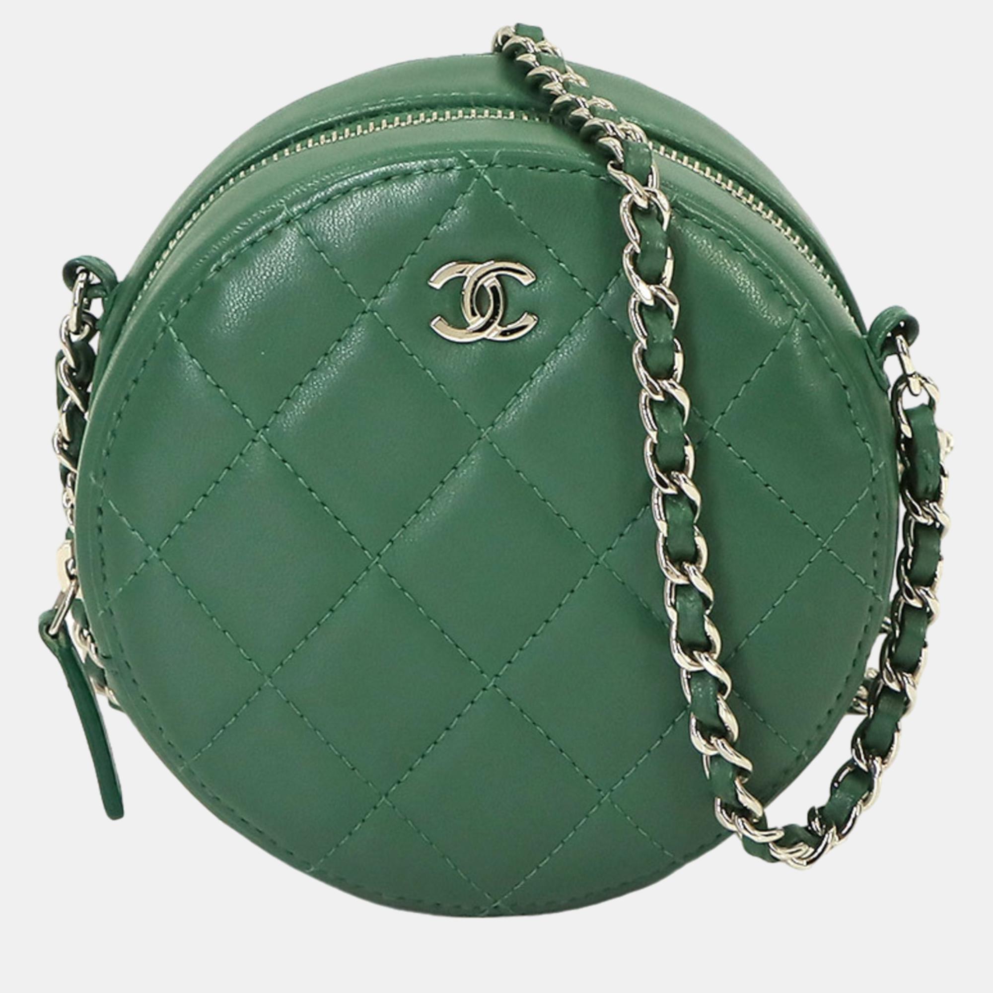 

Chanel Green Quilted Caviar Mini Round Clutch with Chain