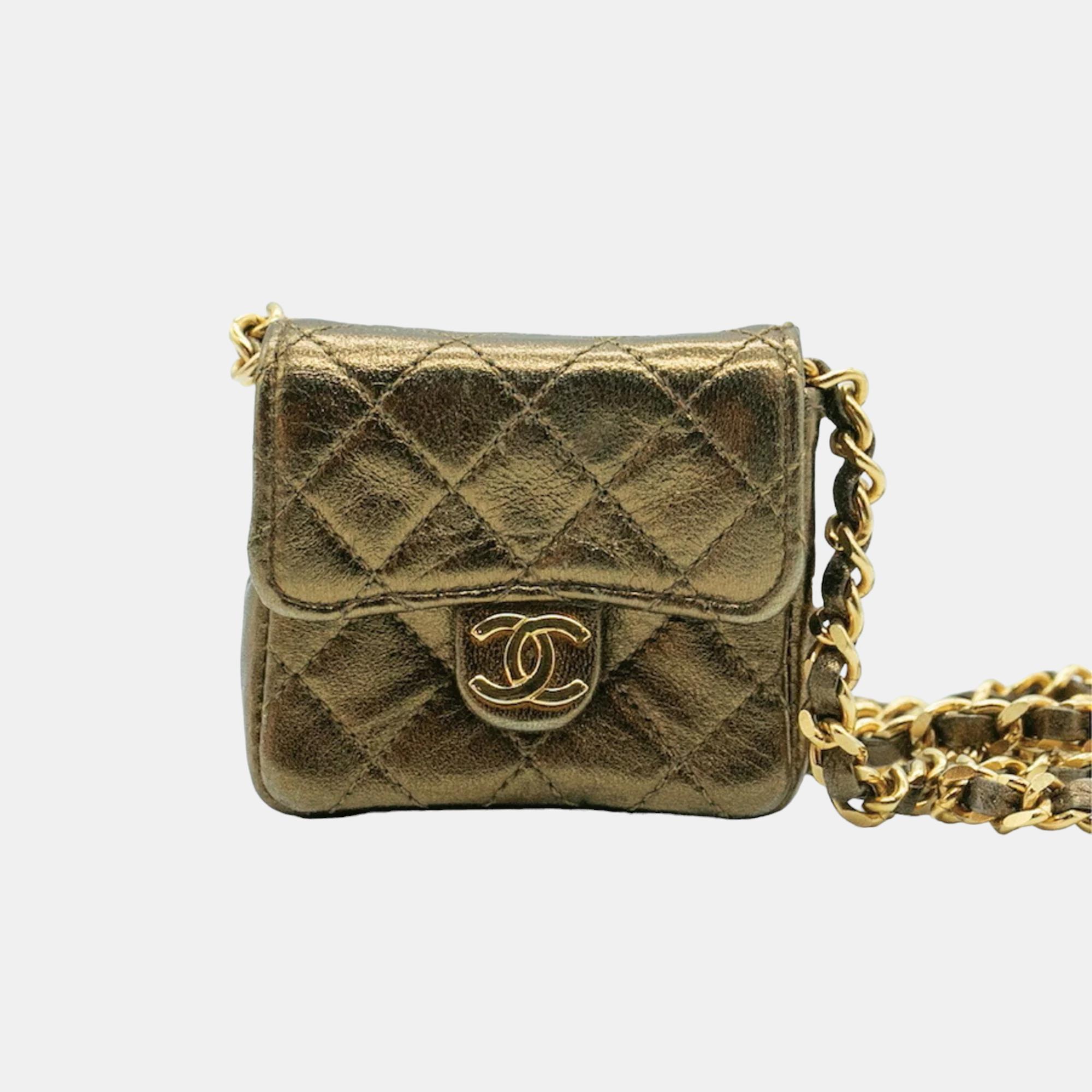 

Chanel Brown Metallic Leather Vintage Micro Mini Shoulder Flap Bag, Gold