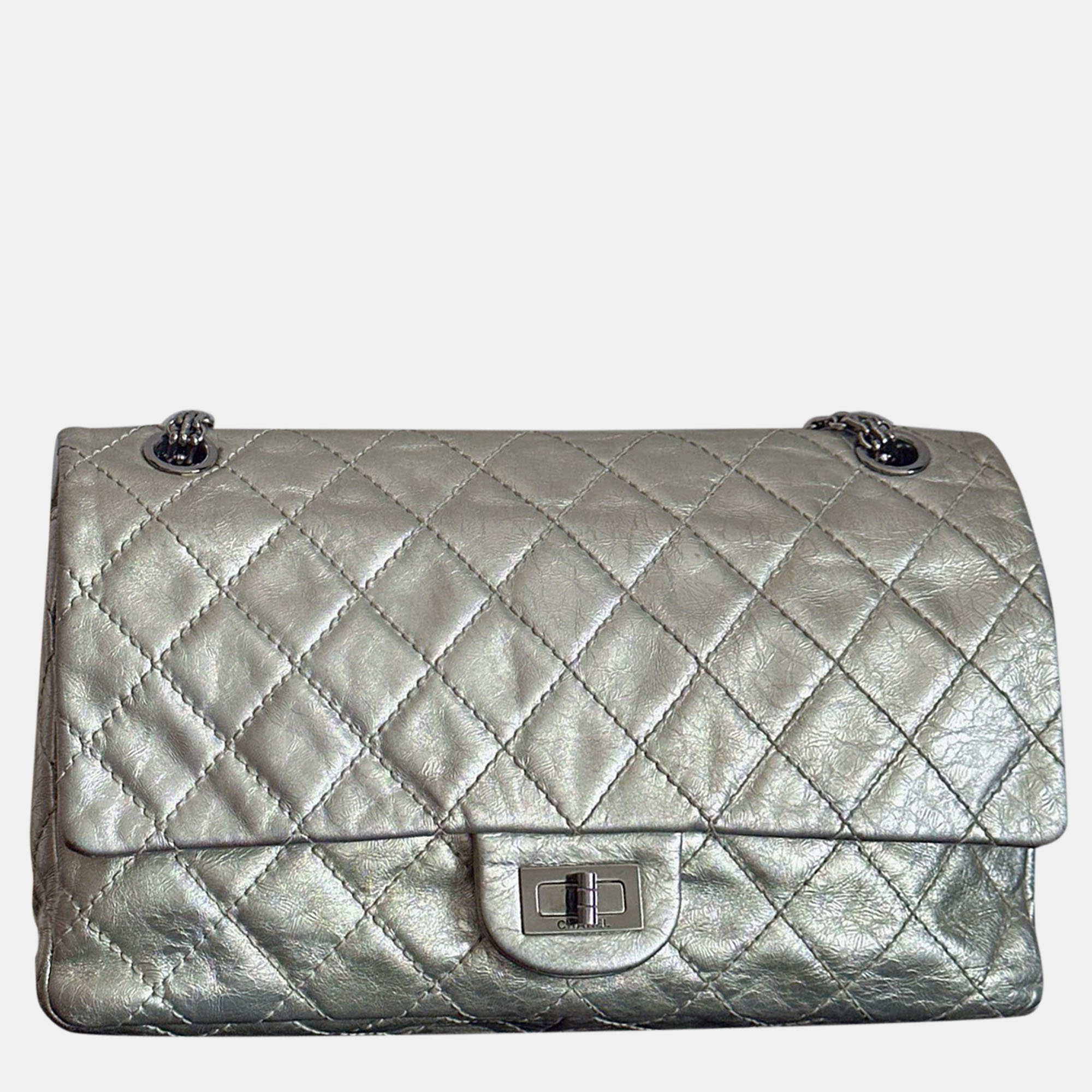 

Chanel Purple Metallic Silver Quilted Leather 2.55 Flap Bag