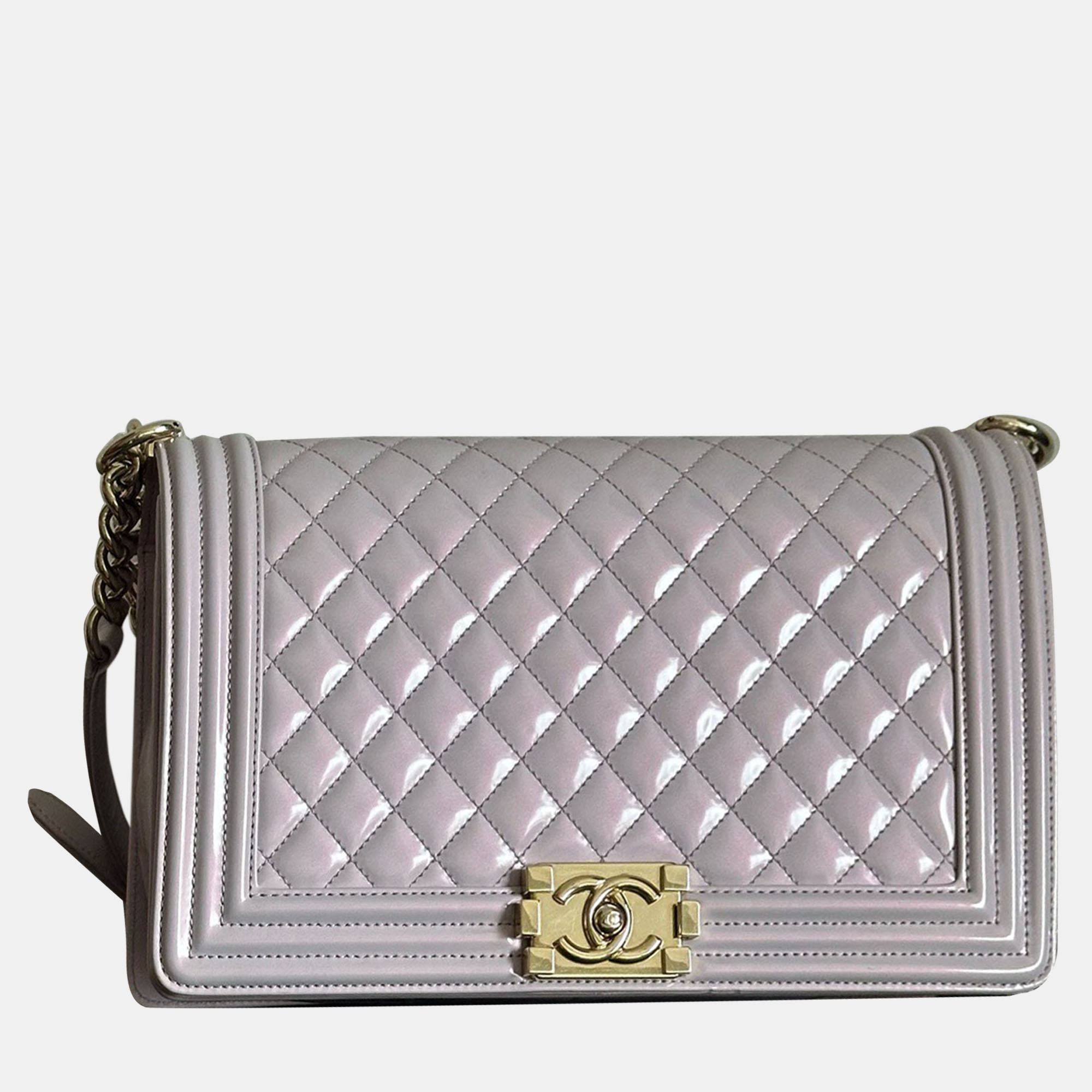 

Chanel Purple Pearlized Quilted Patent Leather Boy Flap Bag