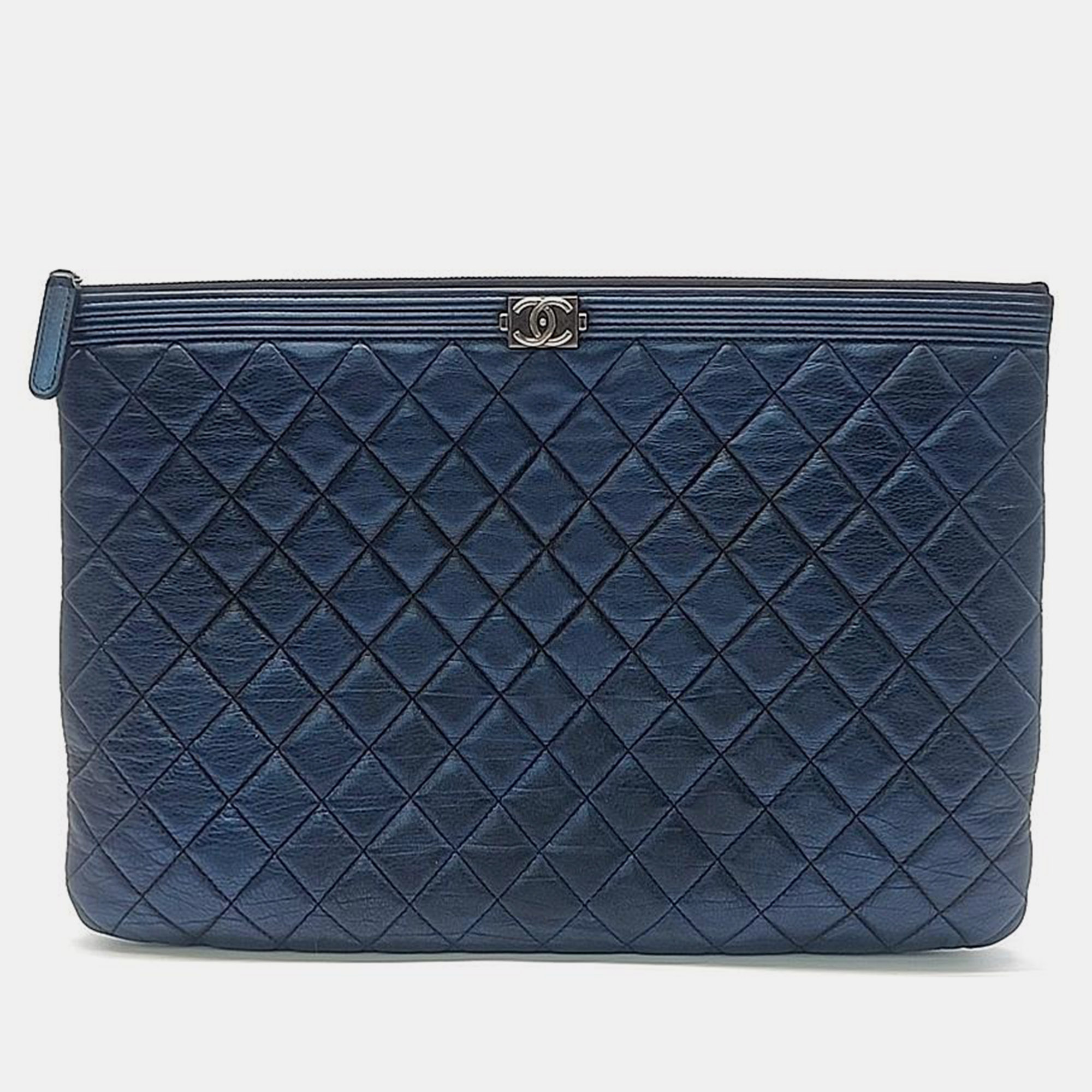 

Chanel Lambskin Boy Large Clutch, Navy blue