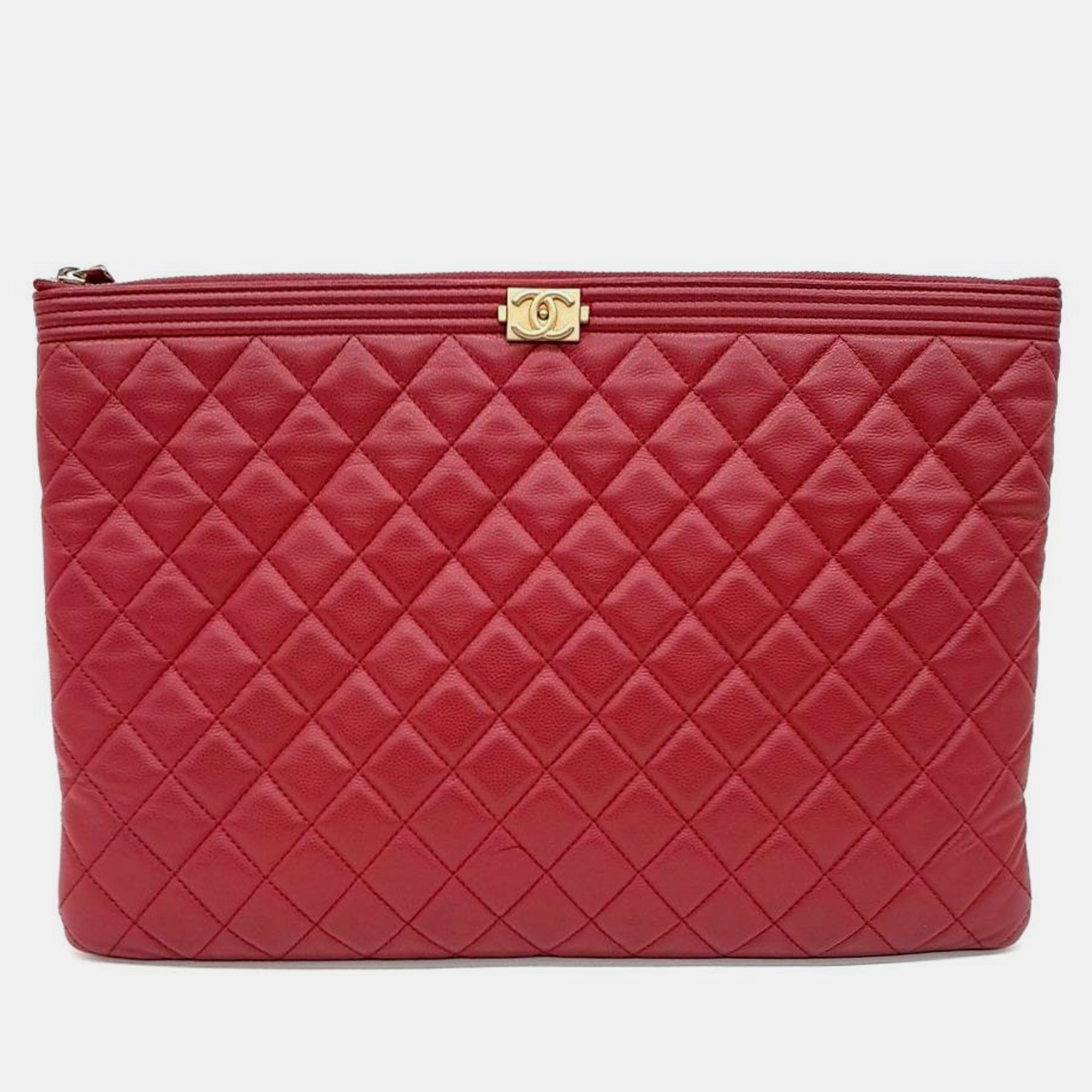 

Chanel Red Quilted Lambskin Large Boy Zip Pouch