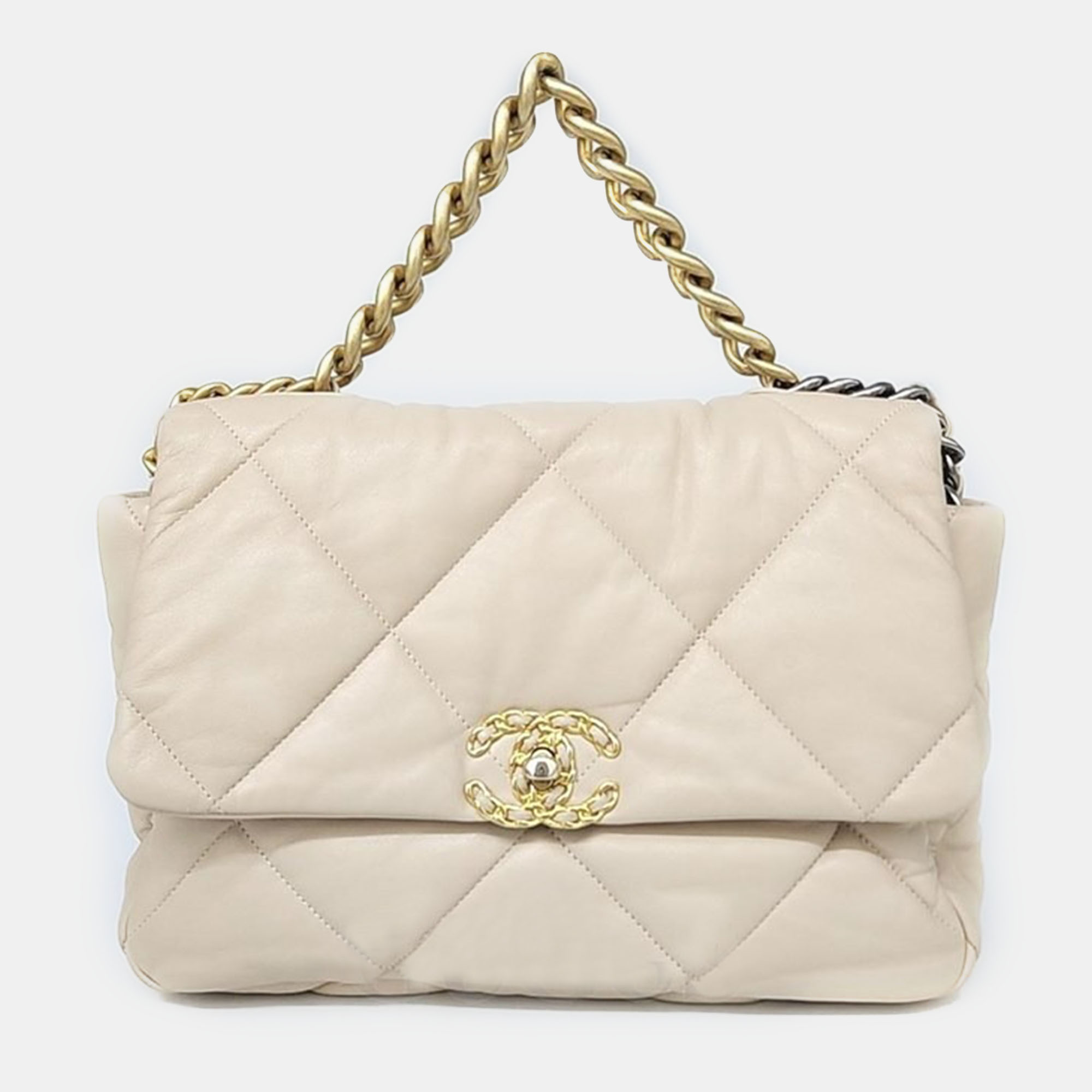 Pre-owned Chanel 19 Flap Large Bag In Beige