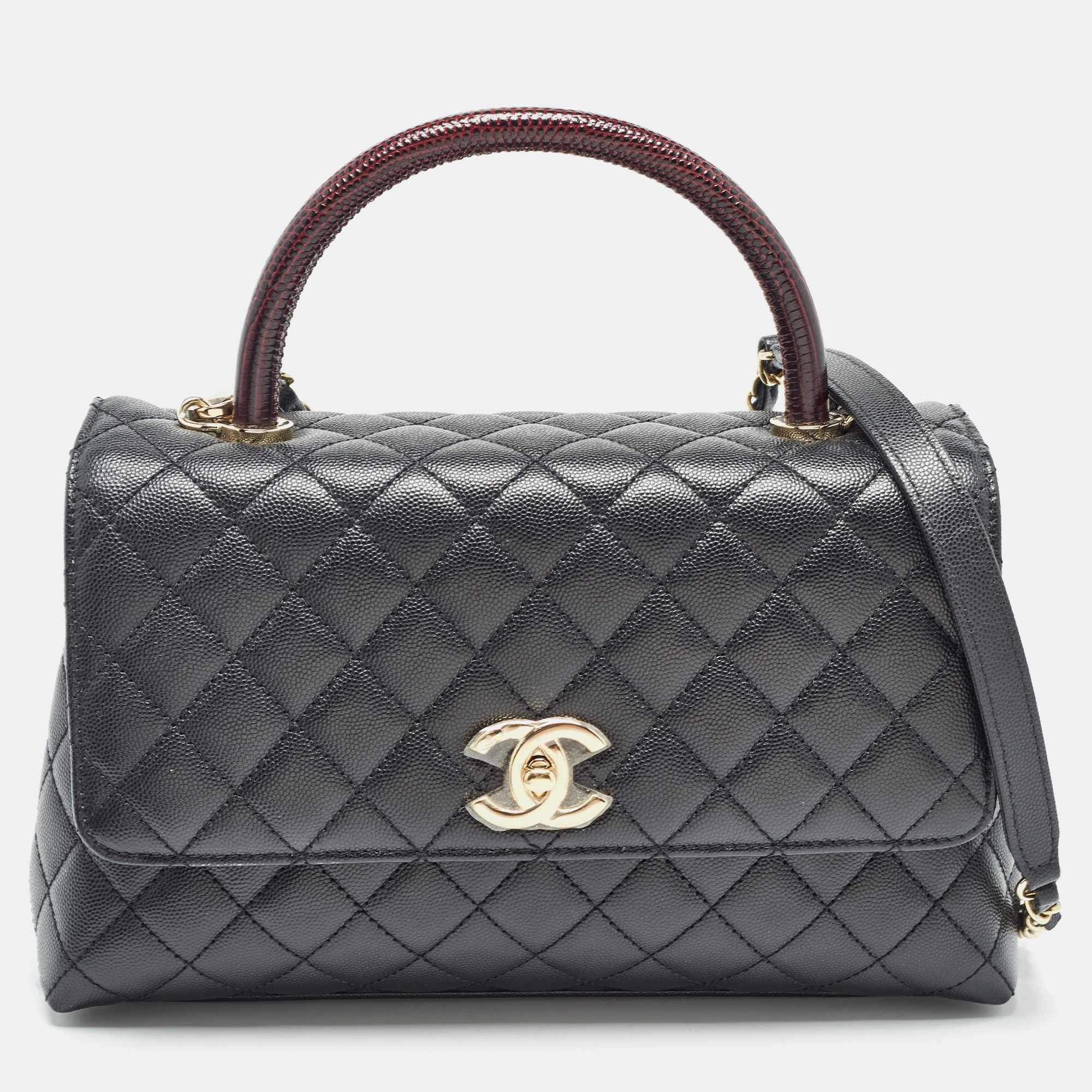 

Chanel Black Quilted Caviar Leather and Lizard Embossed Small Coco Top Handle Bag