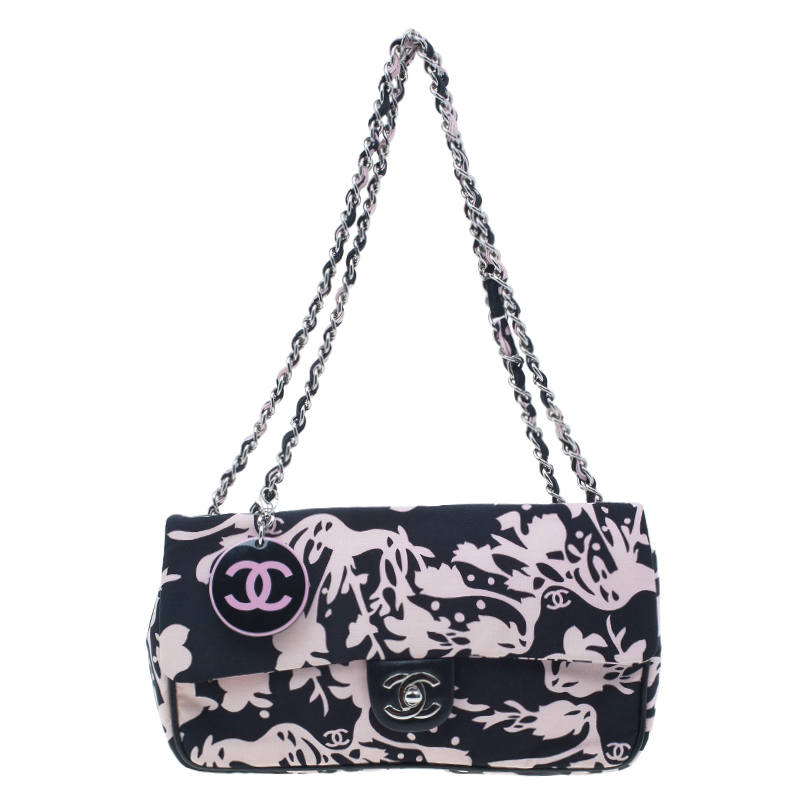 Pre Owned Chanel Black and Pink Fabric Mirror Charm Classic 2.55 Flap Bag