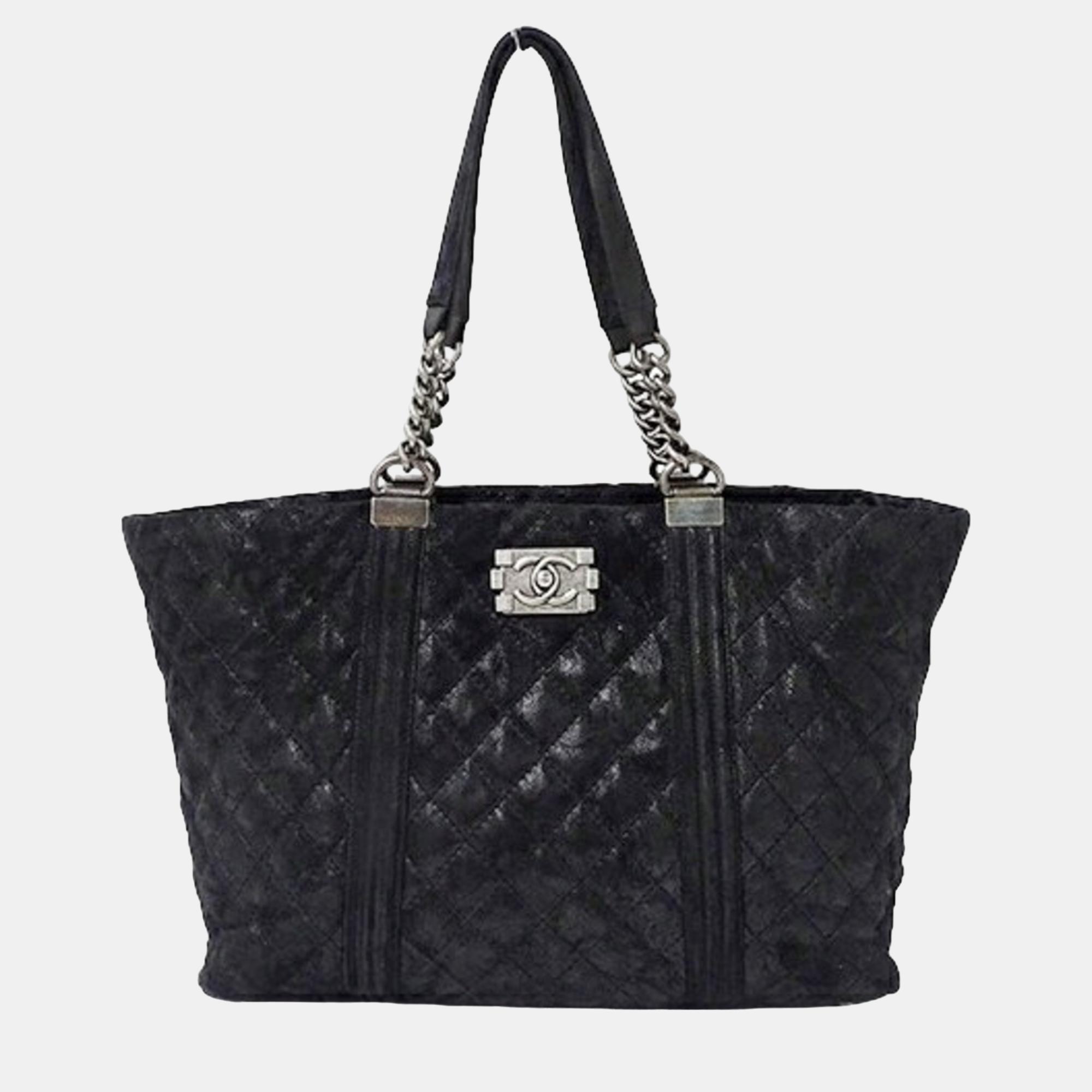 

Chanel Quilted Gentle Iridescent Calfskin Boy Shopping Tote Bag, Black