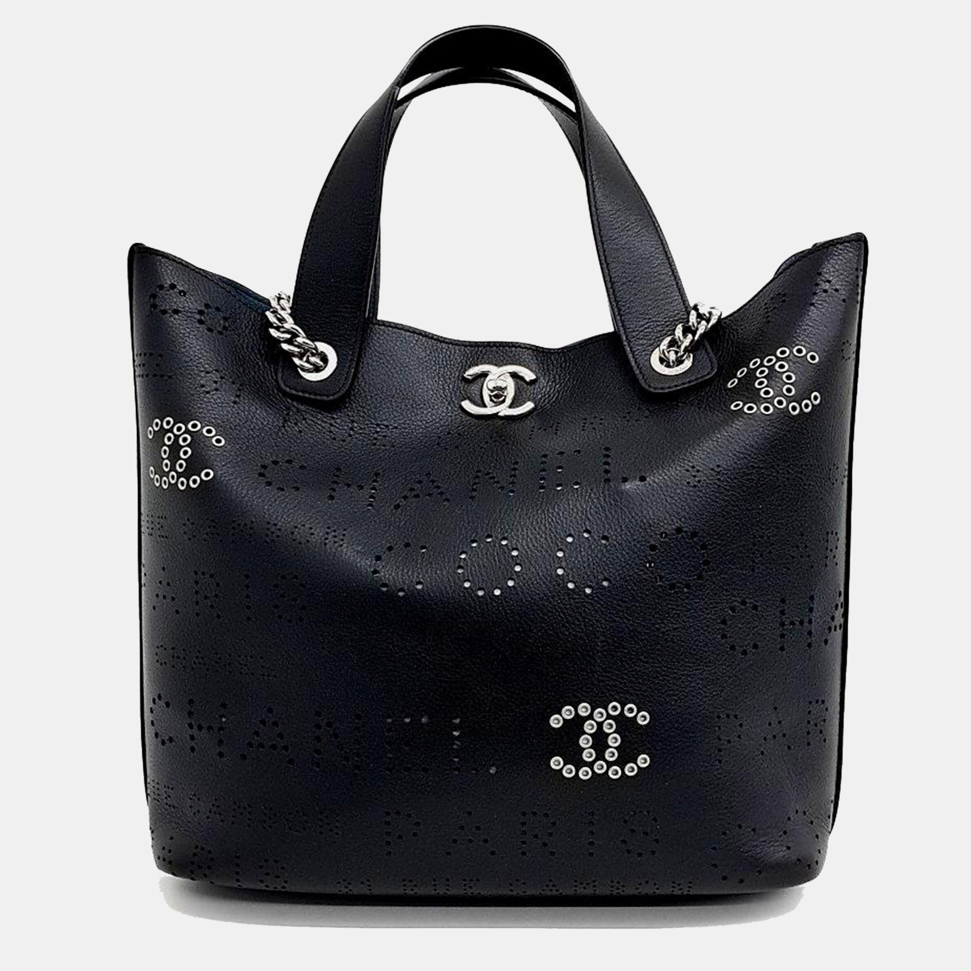 

Chanel Logo Punching Tote Bag, Black