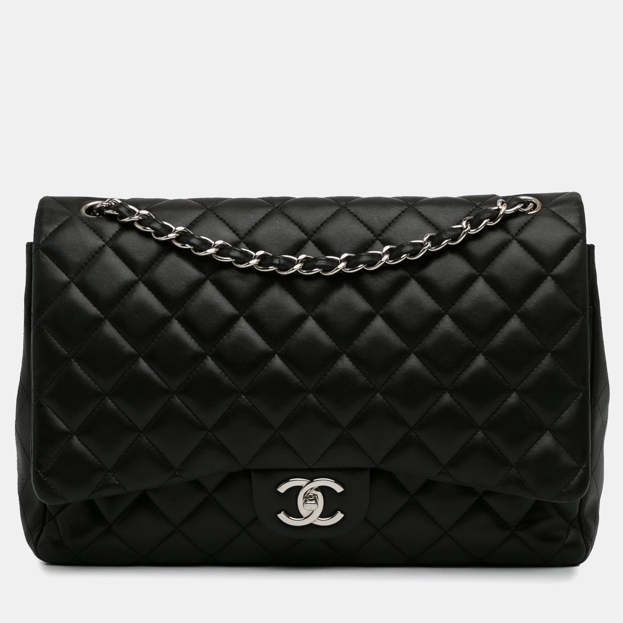 Pre-owned Chanel Maxi Classic Lambskin Double Flap In Black