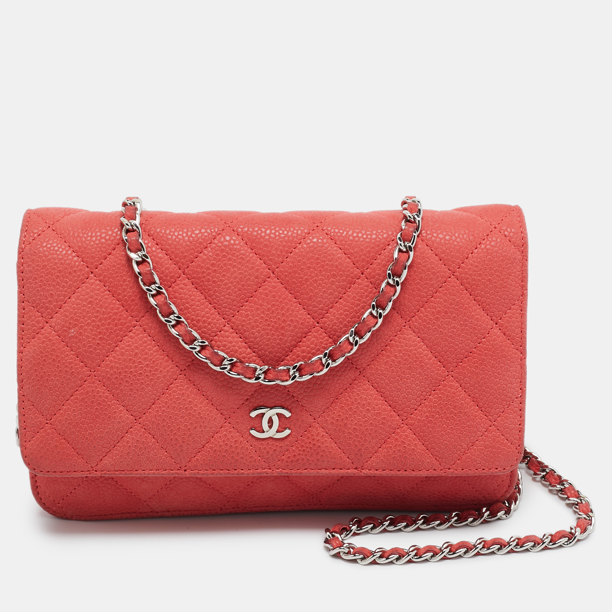 

Chanel Coral Pink Quilted Caviar Leather CC Flap Wallet on Chain, Orange