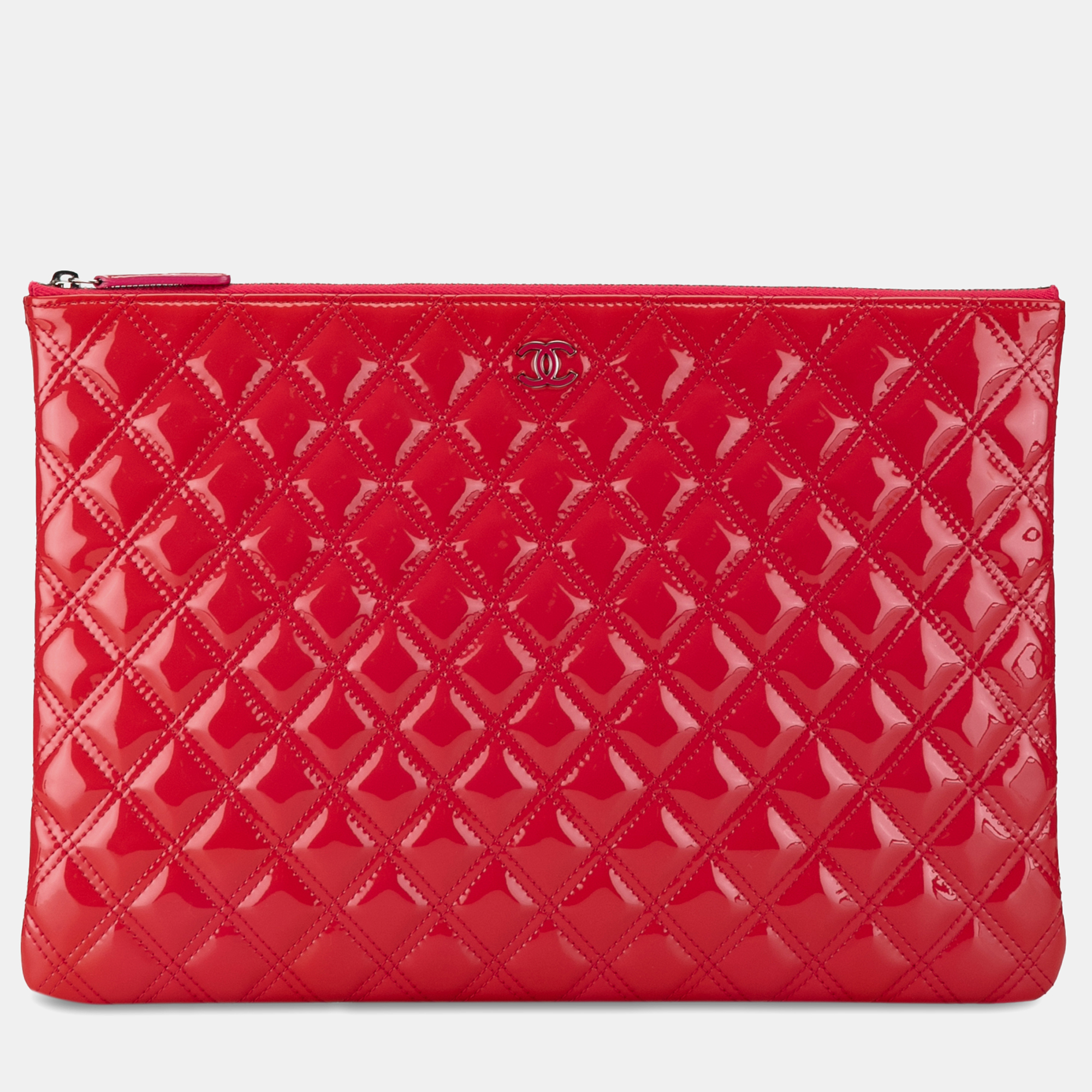 

Chanel Large Quilted Patent Leather O Case Clutch, Red