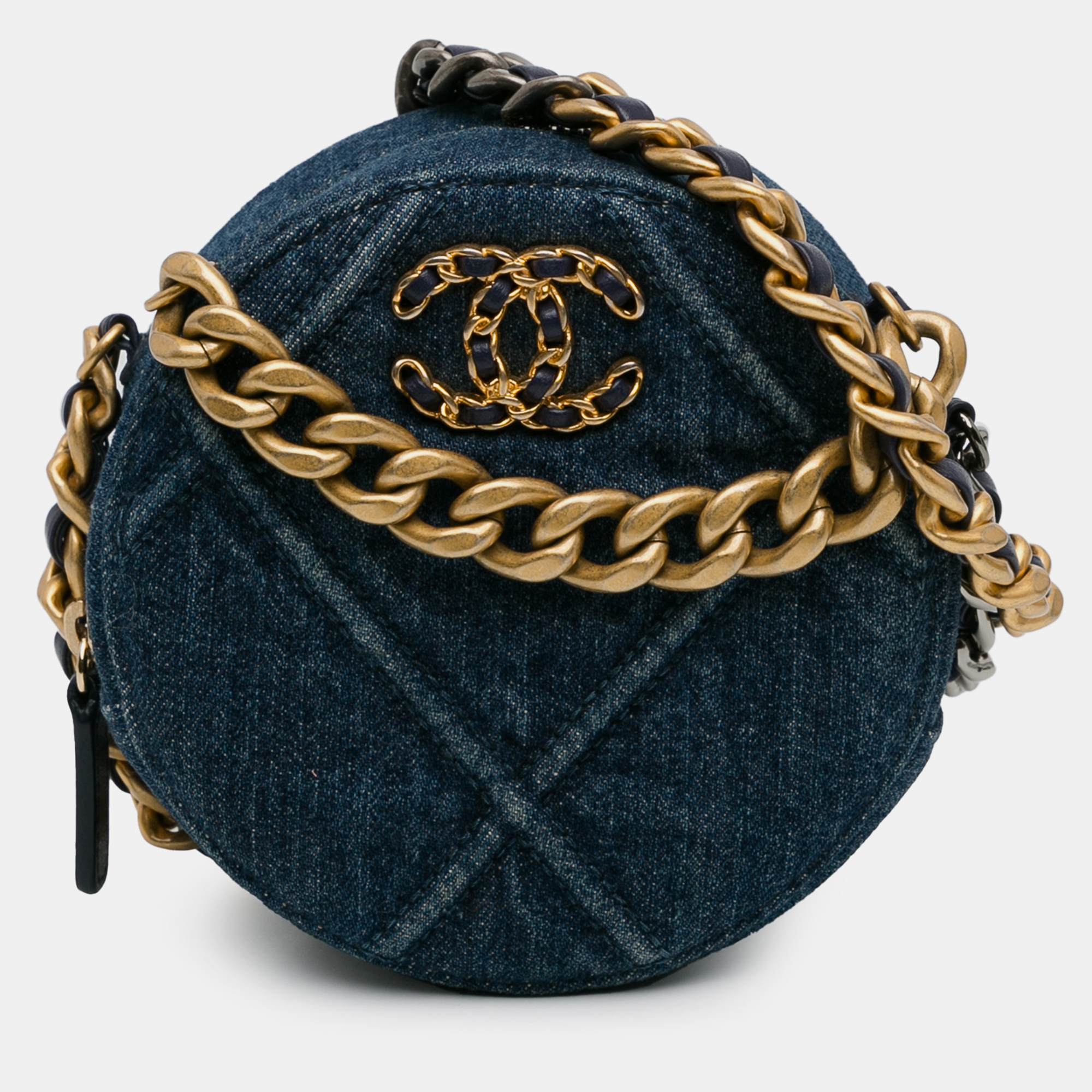 

Chanel Denim 19 Round Clutch with Chain, Blue