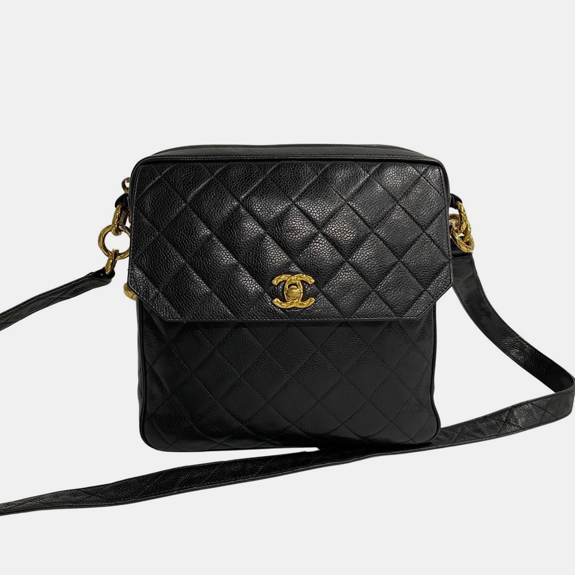 Pre-owned Chanel Vintage Black Caviar Quilted Zip Crossbody Bag