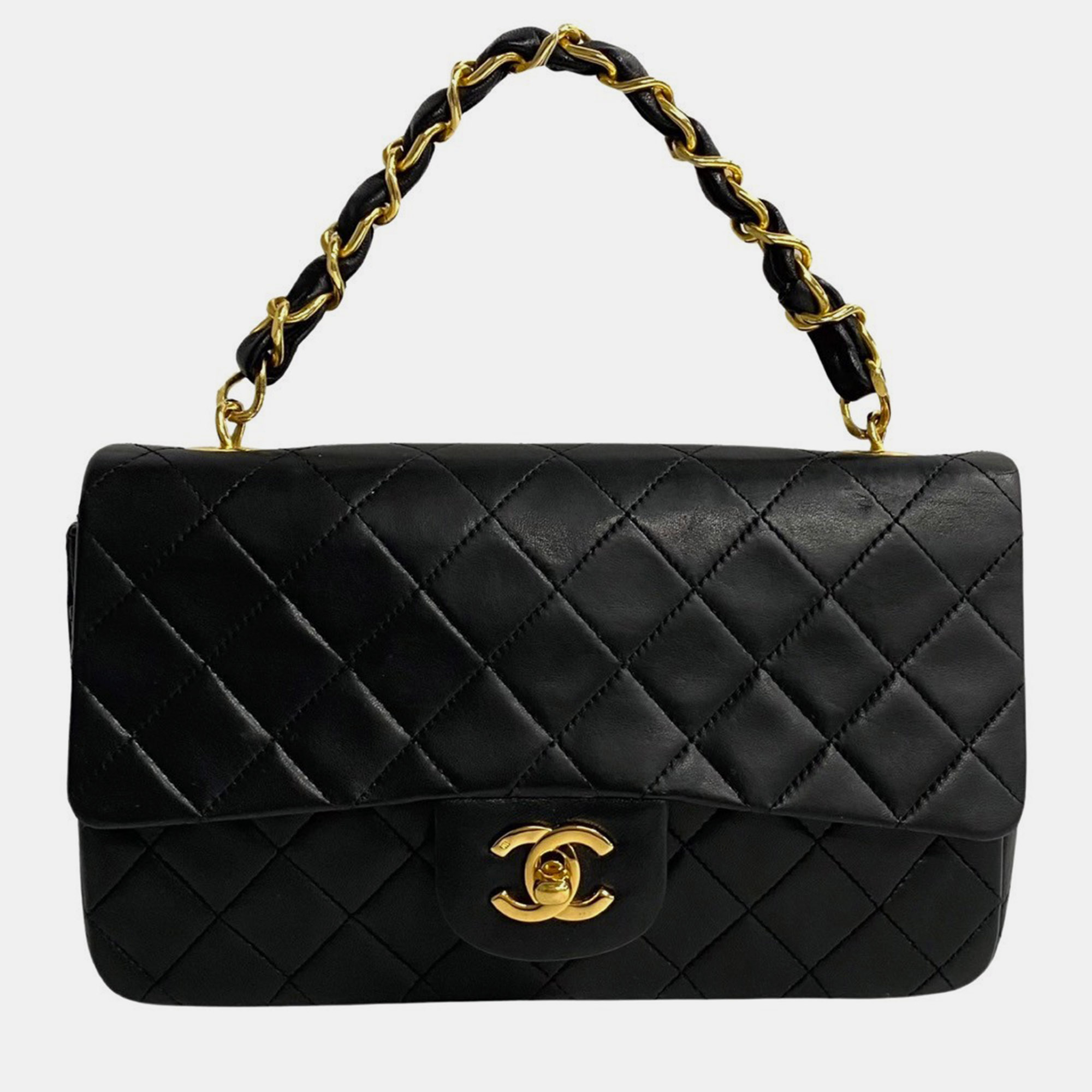 

Chanel Black Lambskin Leather Chain Top Handle Bag
