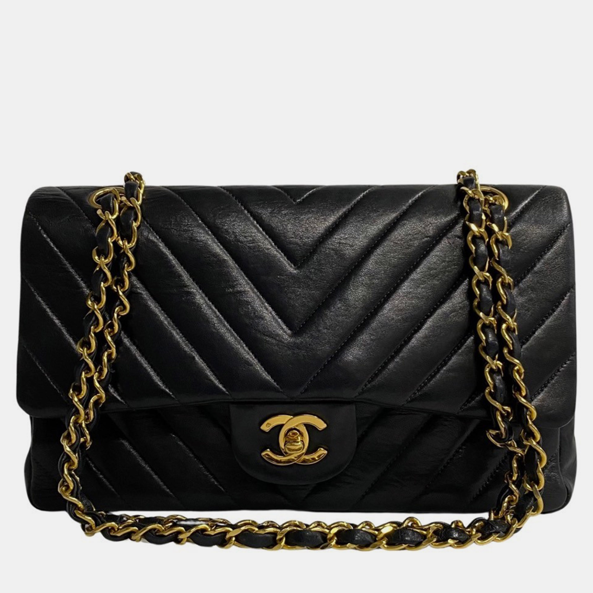 Pre-owned Chanel Black Lambskin Leather Medium Classic Double Flap Shoulder Bags