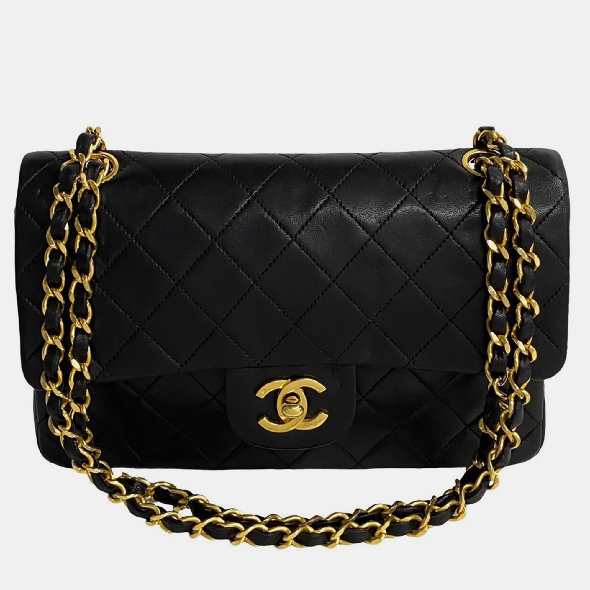 Pre-owned Chanel Lambskin Leather Small Classic Double Flap Shoulder Bags In Black