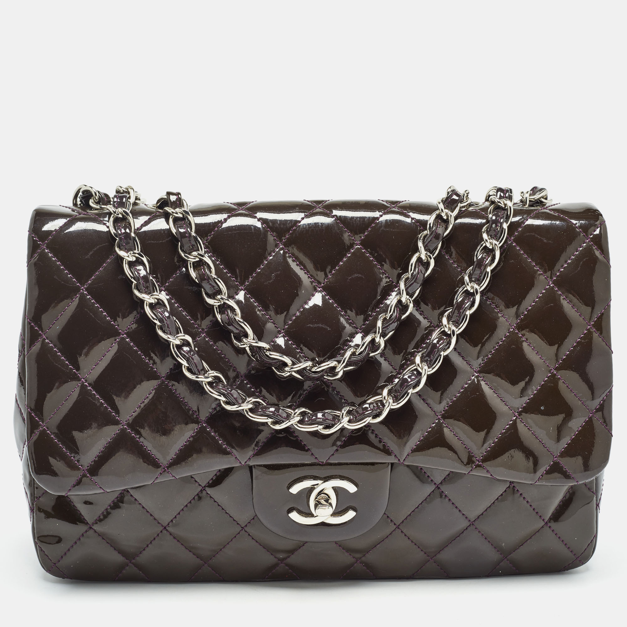 

Chanel Plum Quilted Patent Leather Jumbo Classic Single Flap Bag, Purple