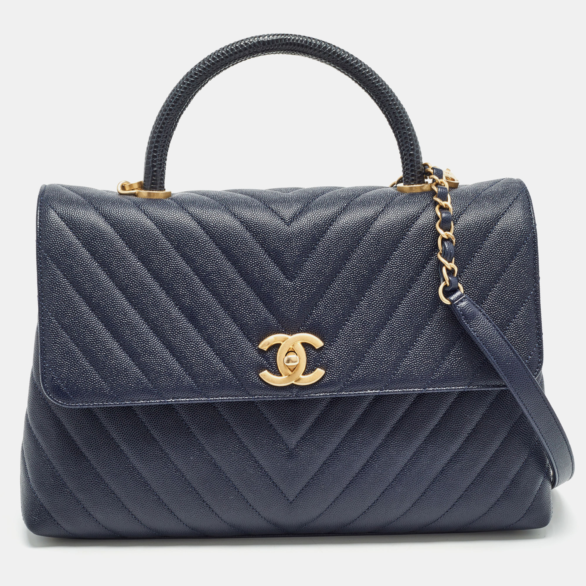 

Chanel Dark Blue Chevron Caviar Leather and Lizard  Coco Top Handle Bag