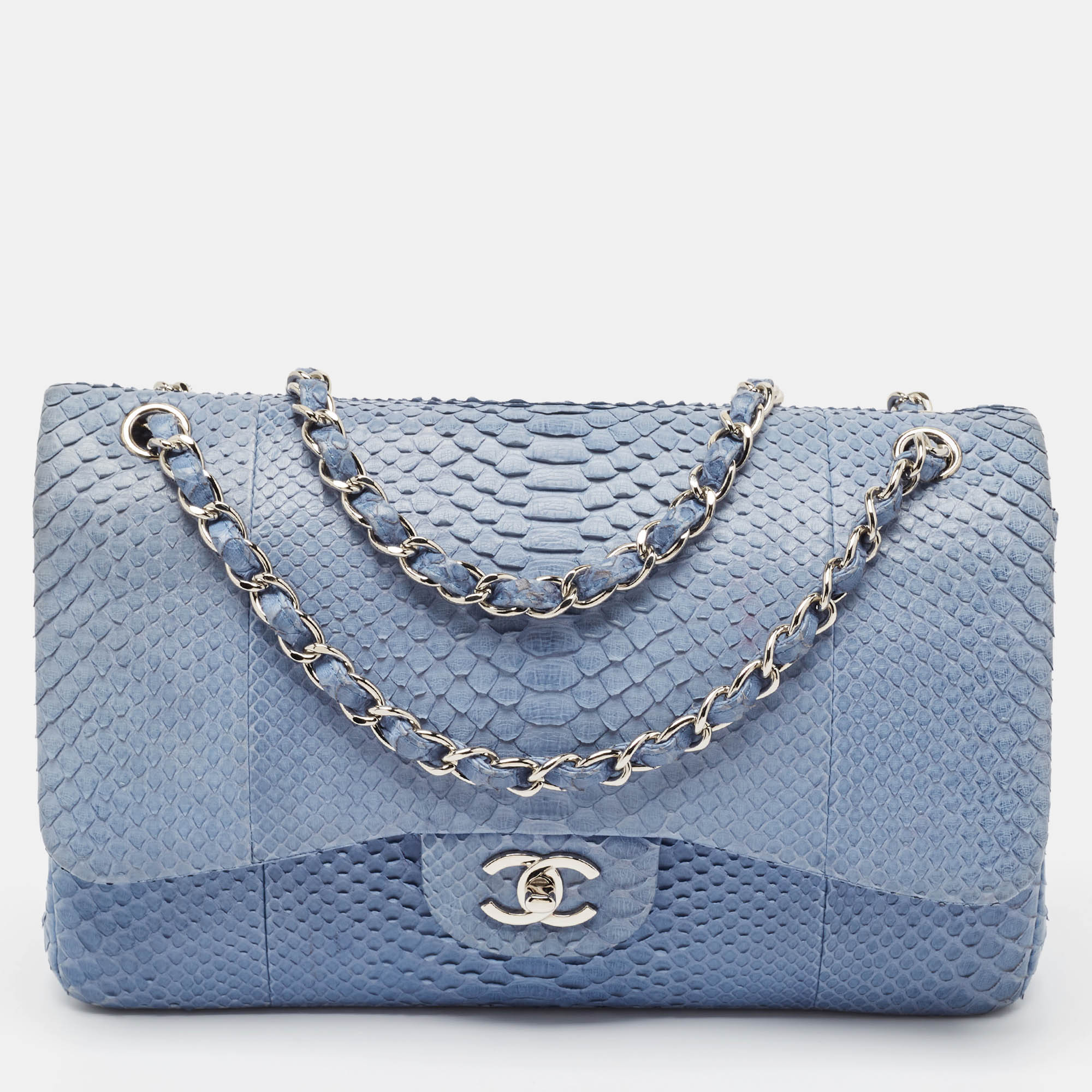 Pre-owned Chanel Blue Python Jumbo Classic Double Flap Bag