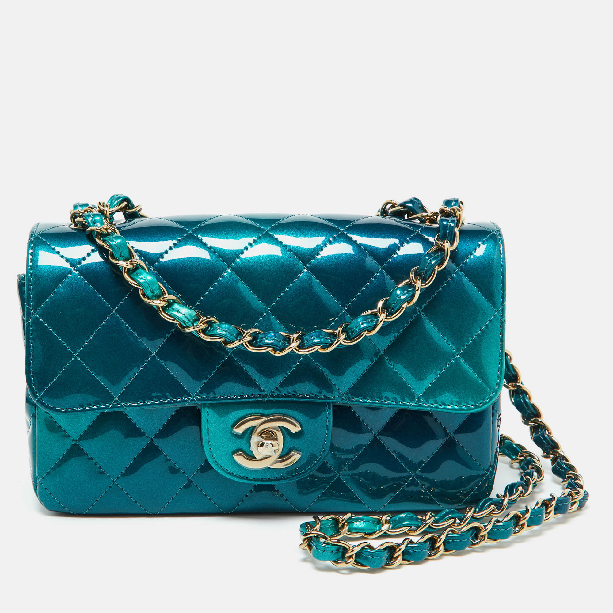 

Chanel Green Quilted Patent Leather Mini Rectangle Shaded Classic Flap Shoulder Bag