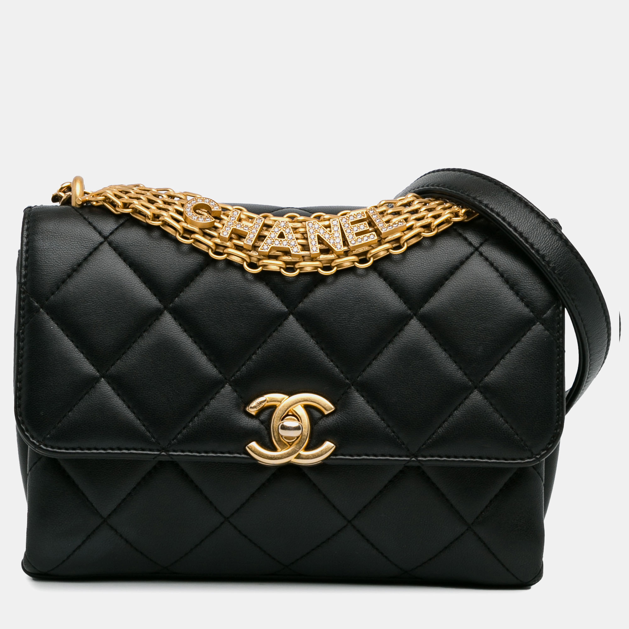 Pre-owned Chanel Small Cc Lambskin Crystal Logo Chain Flap In Black